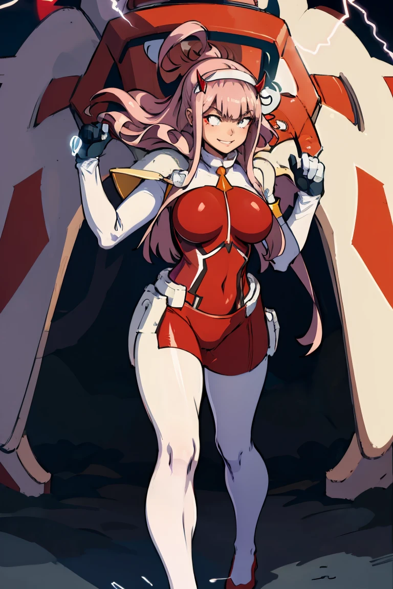 masterpiece, best quality, IncrsLowTier, electricity, glowing eyes zerotwo horns, hairband, necktie, red dress, pantyhose horns, hairband, red bodysuit, armlet, mecha horns, hairband, white bodysuit, white gloves, cap, red dress, white gloves, jacket on shoulders, pantyhose, cyber_armor body_suit,huge_breast, tall female, fulll body, sun light, smile,, sun aura,, boots, standing, smile, lips, red lips,,,{best quality}, {amazing quality} {best quality},{amazing quality},, {absurdres},{{highres}}, {very aesthetic}, {detailed}, curvy, tall, huge breast, character focus, white background,full-length portrait,, huge hips, huge muscles, huge thighs, curvaceous, venus figure,full body, full portrait