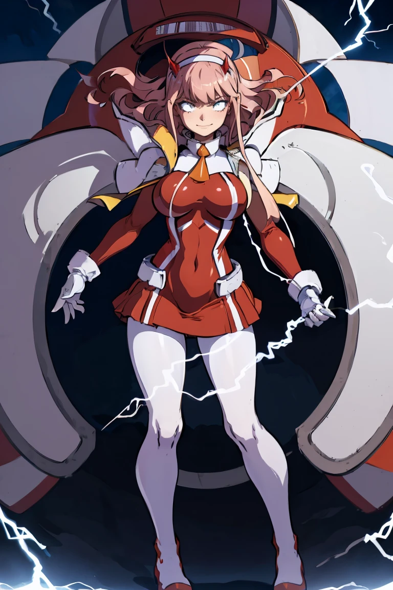 masterpiece, best quality, IncrsLowTier, electricity, glowing eyes zerotwo horns, hairband, necktie, red dress, pantyhose horns, hairband, red bodysuit, armlet, mecha horns, hairband, white bodysuit, white gloves, mecha peaked cap, red dress, white gloves, jacket on shoulders, pantyhose, cyber_armor body_suit,huge_breast, tall female, fulll body, sun light, smile,, sun aura,, boots, standing, smile, lips, red lips,{best quality}, {amazing quality} {best quality},{amazing quality},, {absurdres},{{highres}}, {very aesthetic}, {detailed}