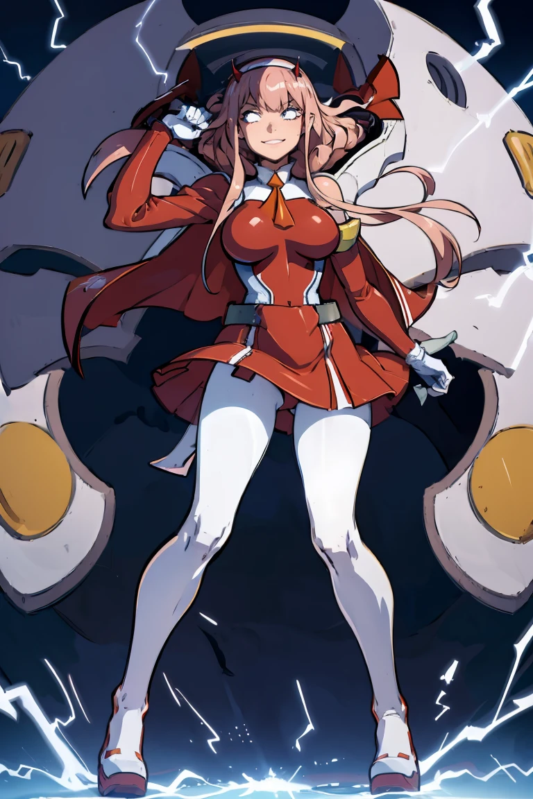 masterpiece, best quality, IncrsLowTier, electricity, glowing eyes zerotwo horns, hairband, necktie, red dress, pantyhose horns, hairband, red bodysuit, armlet, mecha horns, hairband, white bodysuit, white gloves, mecha peaked cap, red dress, white gloves, jacket on shoulders, pantyhose, cyber_armor body_suit,huge_breast, tall female, fulll body, sun light, smile,, sun aura,, boots, standing, smile, lips, red lips,{best quality}, {amazing quality} {best quality},{amazing quality},, {absurdres},{{highres}}, {very aesthetic}, {detailed}