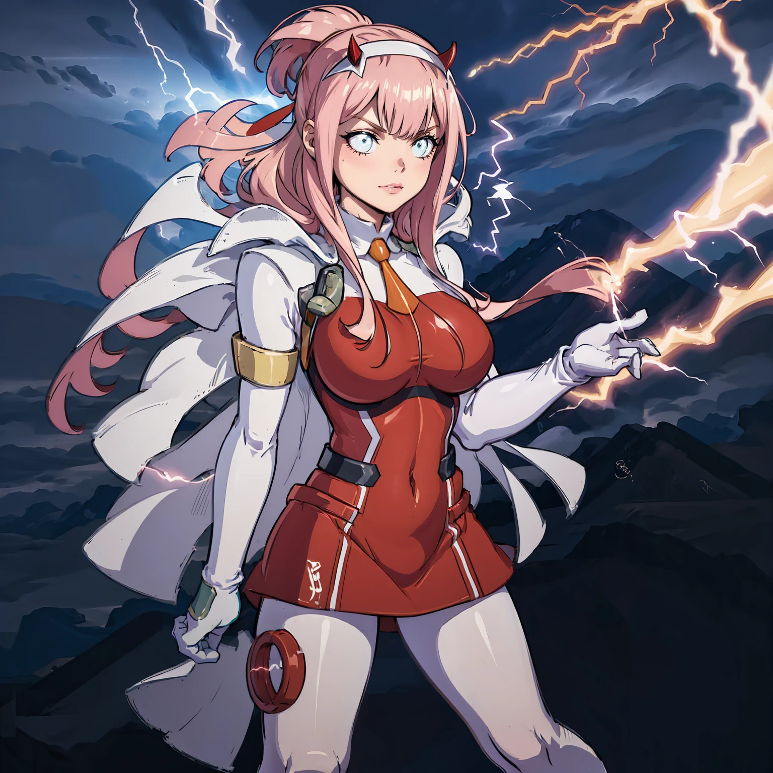 masterpiece, best quality, IncrsLowTier, electricity, glowing eyes zerotwo horns, hairband, necktie, red dress, pantyhose horns, hairband, red bodysuit, armlet, mecha horns, hairband, white bodysuit, white gloves, mecha peaked cap, red dress, white gloves, jacket on shoulders, pantyhose, cyber_armor body_suit,huge_breast, tall female, fulll body, sun light, smile,, sun aura,, boots, standing, smile, lips, red lips,{best quality}, {amazing quality} {best quality},{amazing quality},, {absurdres},{{highres}}, {very aesthetic}, {detailed}