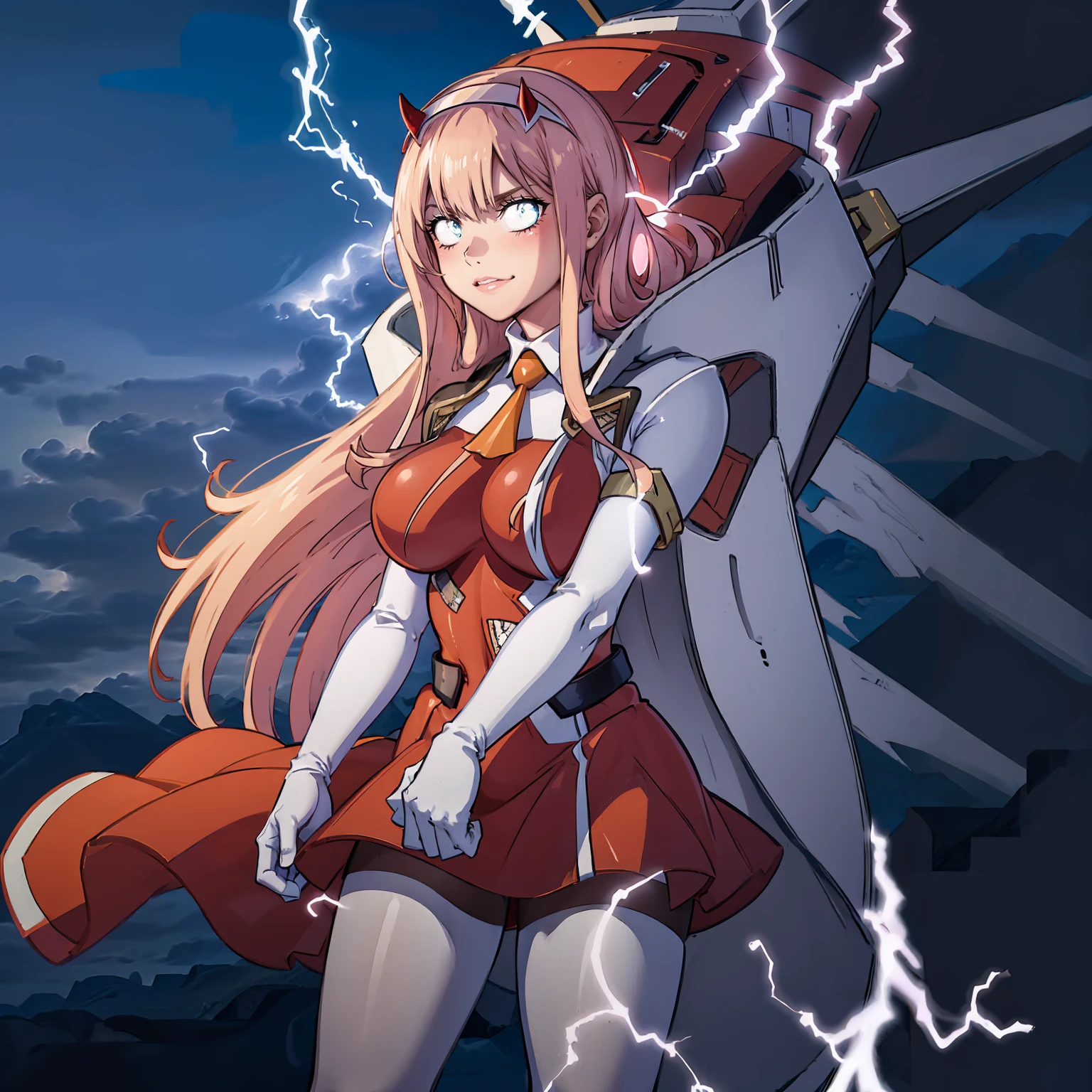 masterpiece, best quality, IncrsLowTier, electricity, glowing eyes zerotwo horns, hairband, necktie, red dress, pantyhose horns, hairband, red bodysuit, armlet, mecha horns, hairband, white bodysuit, white gloves, mecha peaked cap, red dress, white gloves, jacket on shoulders, pantyhose, cyber_armor body_suit,huge_breast, tall female, fulll body, sun light, smile,, sun aura,, boots, standing, smile, lips, red lips,{best quality}, {amazing quality} {best quality},{amazing quality},, {absurdres},{{highres}}, {very aesthetic}, {detailed}