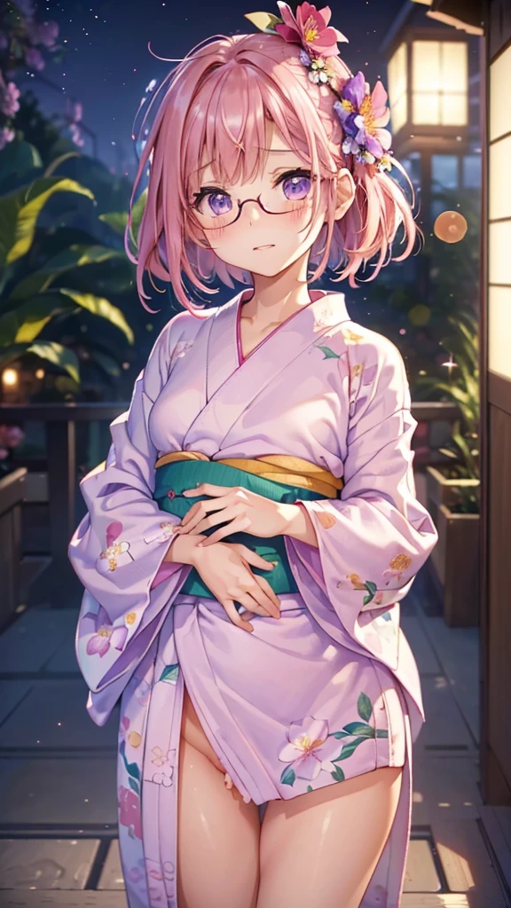 (masterpiece, highest quality:1.4), Beautiful Face, 8k, 85mm, Absurd, (Floral Yukata:1.4), Face close-up, violet, Gardenia, Delicate girl, alone, night, View your viewers, Upper Body, Film Grain, chromatic aberration, Sharp focus, Face Light, Professional Lighting, Sophisticated, (smile:0.4), (Simple Background, Bokeh Background:1.2), detailed aspects,(((Show me your nipples:0.57))),((Very young and small:1.2),(Pink hair with flowers:1),((Show me the vagina:1.5)),(Semen flowing from the vagina),(A remote controlled pink vibrator is inserted into her vagina),(Flowing Tears),(squint),(Miniskirt kimono),(Sometimes々Glasses),(Sometimes penis insertion),(Sometimes I suck a penis)