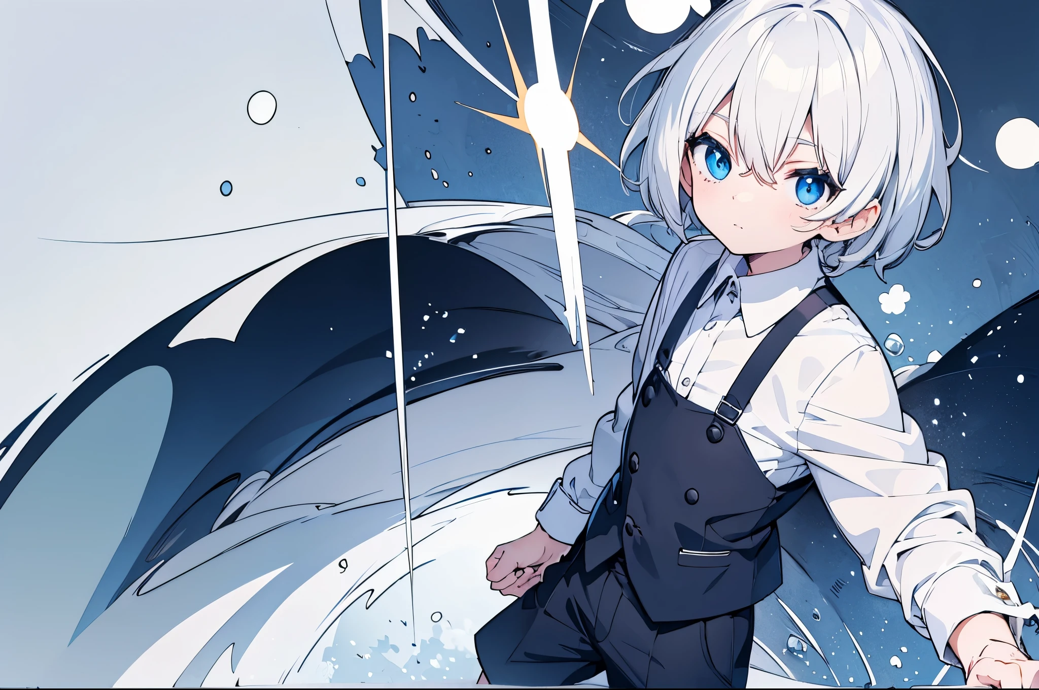 Background is white. Light blue eyes、White Hair、Medium Hair、boy,solo、 White collared shirt、Black shorts. anime.