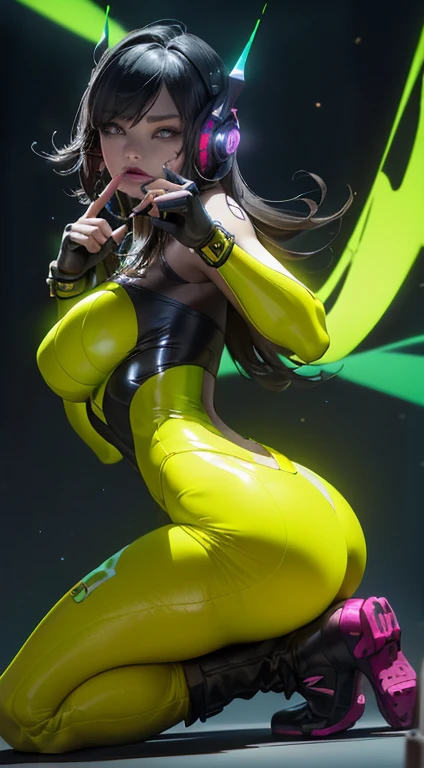 highest quality))、((masterpiece)、cyber punk、Big Ass、Kneel、 has electronic visor fitted to her face、Accentuate your butt、red latex body,cyber punkモード、Sexy pose、(Please wear yellow leggings on your lower body.、Breast enlargement、Neon lights in the dark city at night,Unreal Engine:1.4,Ultra-high resolution,La highest quality:1.4, Realistic:1.4, Skin Texture:1.4, masterpiece:1.8,masterpiece, highest quality,(Beautifully detailed eye depiction),( Neon Yellow Chiborg),(Perfect Anatomy),(Convex ,Finger details)