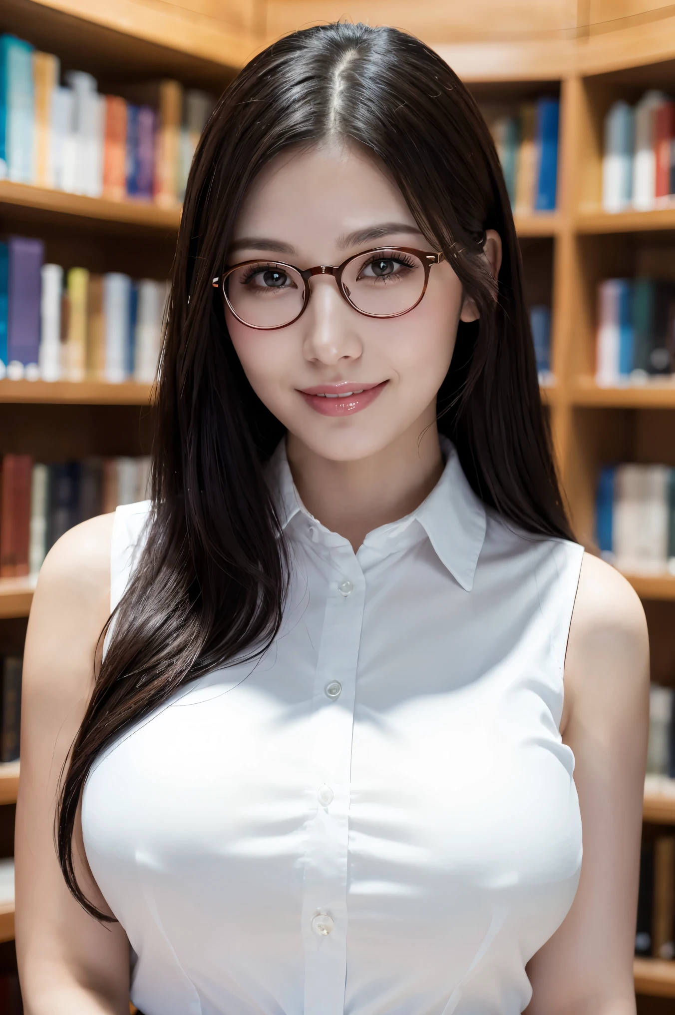 (highest quality、Tabletop、8k、Award-winning works、Ultra-high resolution、Best image quality)、One beautiful woman、(White polyester sleeveless buttoned collared blouse:1.3)、(Elegant black tight skirt:1.1)、(Huge breasts:1.2)、(Elegant round glasses:1.2)、library、(Standing Elegantly:1.1)、(Strongly blurred background:1.1)、Stand next to a bookshelf、(Perfectly organized bookshelf:1.1)、Bookshelf in the background、居心地の良いlibrary、lipstick、Long eyelashes、Heavy makeup、Perfect Makeup、Colored contact lenses、Accentuate your body lines、Big ample breasts、Soft and warm lighting、Detailed bookshelf、(Ultra-high resolutionの正確な美しい髪:1.1)、(Accurate anatomy:1.2)、Ultra-high definition beautiful eyes、Ultra-high definition beautiful teeth、(Super bright and radiant skin:1.1)、Staring at me with a blank look
