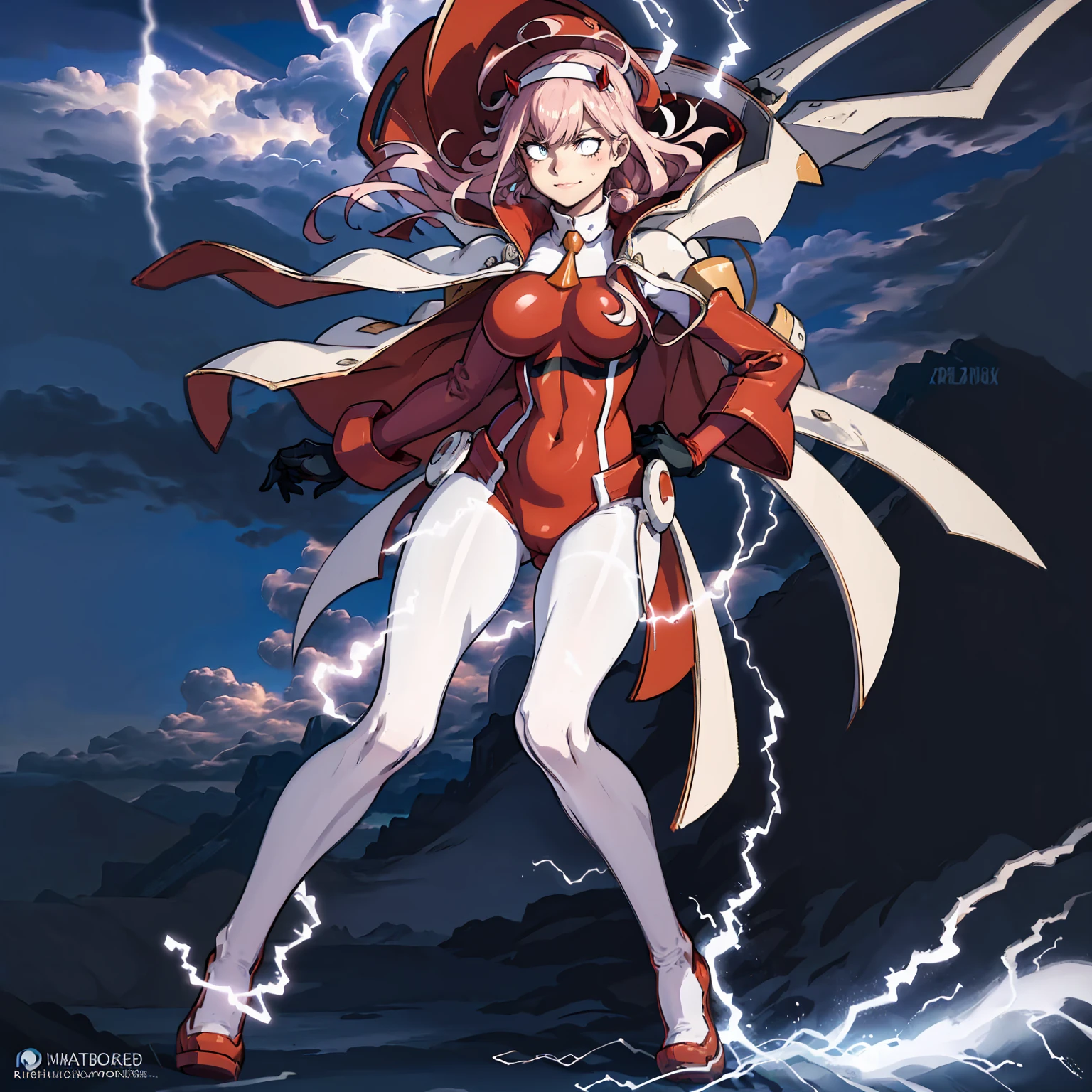 masterpiece, best quality, IncrsLowTier, electricity, glowing eyes zerotwo horns, hairband, necktie, red dress, pantyhose horns, hairband, red bodysuit, armlet, mecha horns, hairband, white bodysuit, white gloves, mecha peaked cap, red dress, white gloves, jacket on shoulders, pantyhose, cyber_armor body_suit,huge_breast, tall female, fulll body, sun light, smile,, sun aura,, boots, standing, smile, lips, red lips,{best quality}, {amazing quality} {best quality},{amazing quality},, {absurdres},{{highres}}, {very aesthetic}, {detailed}