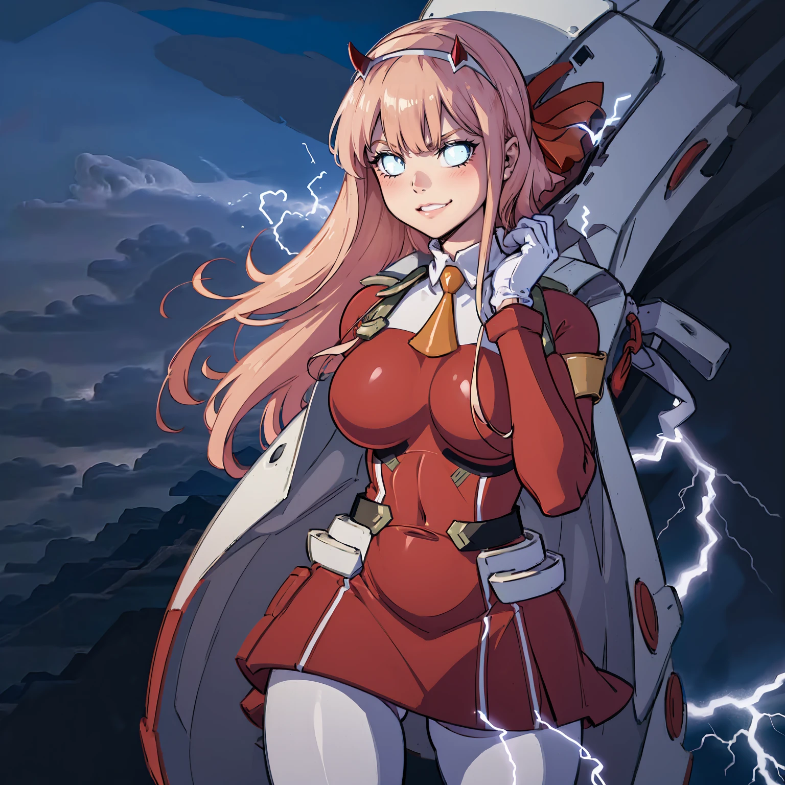 masterpiece, best quality, IncrsLowTier, electricity, glowing eyes zerotwo horns, hairband, necktie, red dress, pantyhose horns, hairband, red bodysuit, armlet, mecha horns, hairband, white bodysuit, white gloves, mecha peaked cap, red dress, white gloves, jacket on shoulders, pantyhose, cyber_armor body_suit,huge_breast, tall female, fulll body, sun light, smile,, sun aura,, boots, standing, smile, lips, red lips,{best quality}, {amazing quality} {best quality},{amazing quality},, {absurdres},{{highres}}, {very aesthetic}, {detailed}