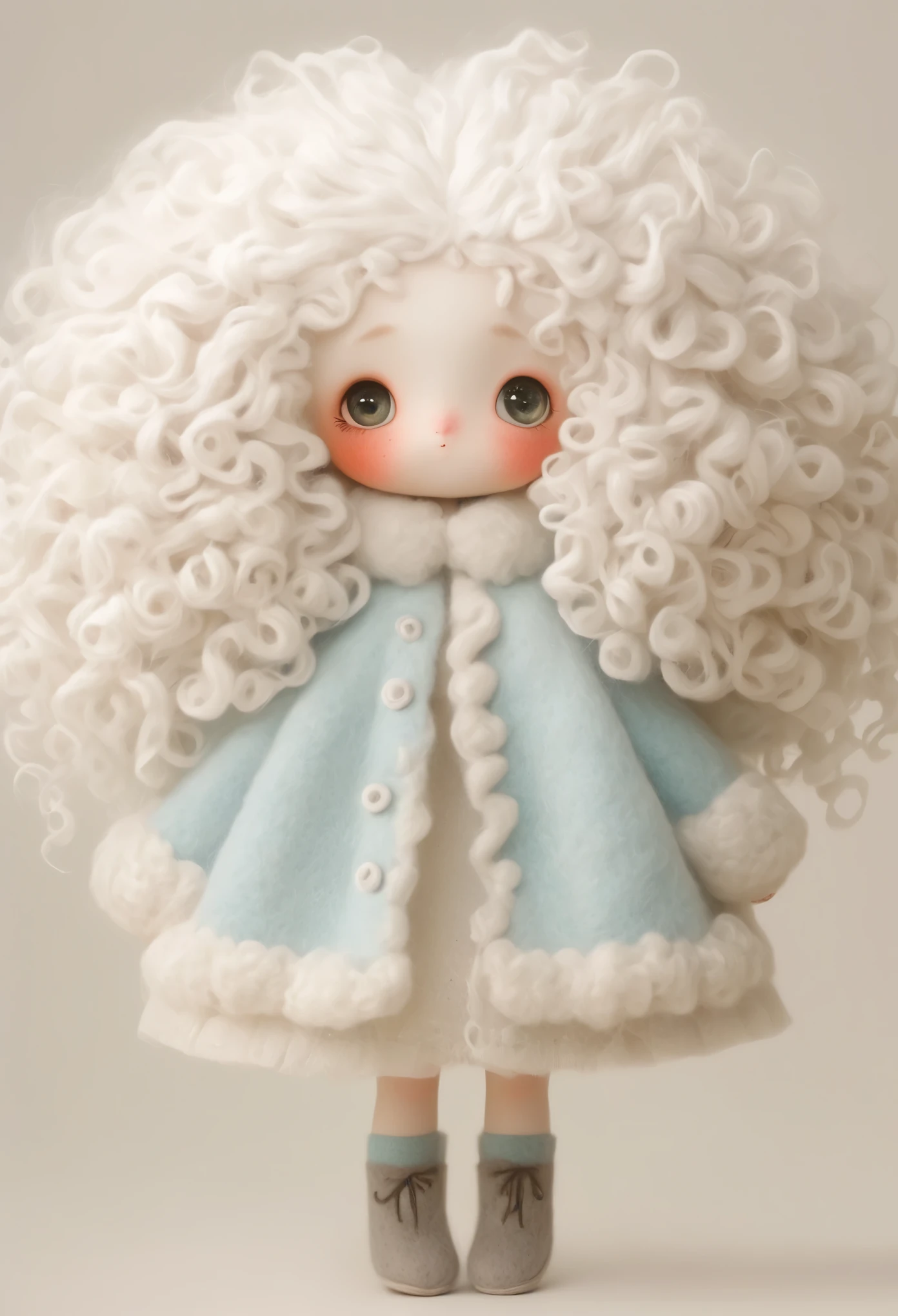 (masterpiece, best quality:1.2), 1 girl, solitary, big eyes，White curly hair，Felt Clothing