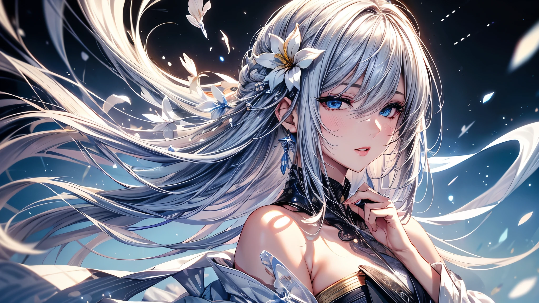 (Ultra-delicate), (Clear focus), (high resolution), Deformed depth of field blurred background, Detailed background, Perfect layer cutting, Atmospheric distance sense, (full-body shot/Cowboy shooting/Rear view/Top view/Top view), wallpaper, (((Silver hair gradient streaked light blue end))), Cute beauty face, (focus on face), Ultra-detailed facial texture, ((Clear light blue eyes)), thin eyebrows, long upper eyelashes, double eyelids, Upper Eye, High-fidelity eyes, (Super detailed eyes), Sexy and attractive lips, Richly detailed lips, White skin, delicate skin, Micro light, complicated, familiar, black magician, particle, constellation, Stardust, universe, ((flower)), comfortable peace, peaceful, Japan, Himiko, kimono, With crystal, Fortune Telling, time and space, artistic, 8K
