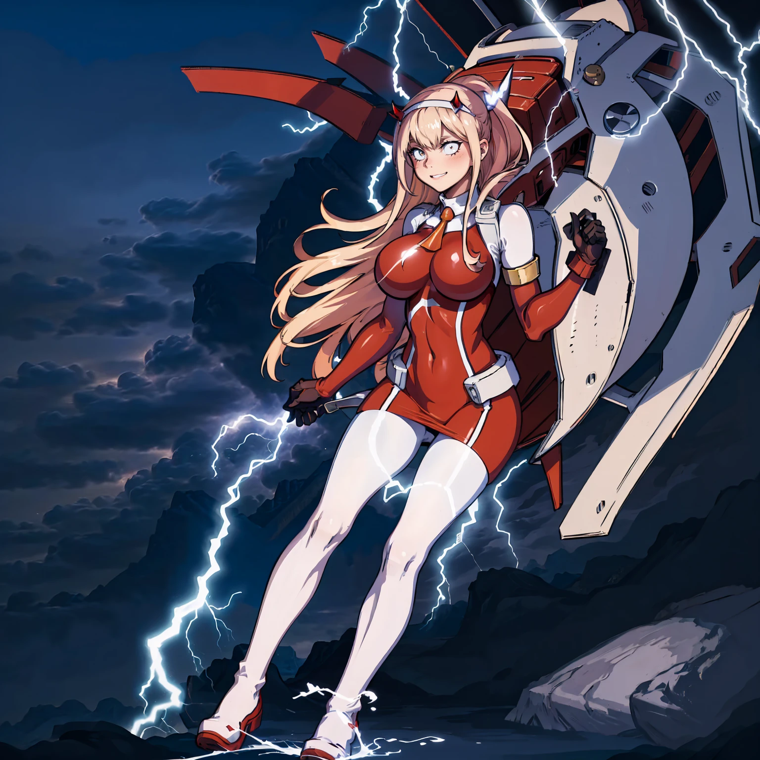 masterpiece, best quality, IncrsLowTier, electricity, glowing eyes zerotwo horns, hairband, necktie, red dress, pantyhose horns, hairband, red bodysuit, armlet, mecha horns, hairband, white bodysuit, white gloves, cap, red dress, white gloves, jacket on shoulders, pantyhose, cyber_armor body_suit,huge_breast, tall female, fulll body, sun light, smile,, sun aura,, boots, standing, smile, lips, red lips,{best quality}, {amazing quality} {best quality},{amazing quality},, {absurdres},{{highres}}, {very aesthetic}, {detailed}