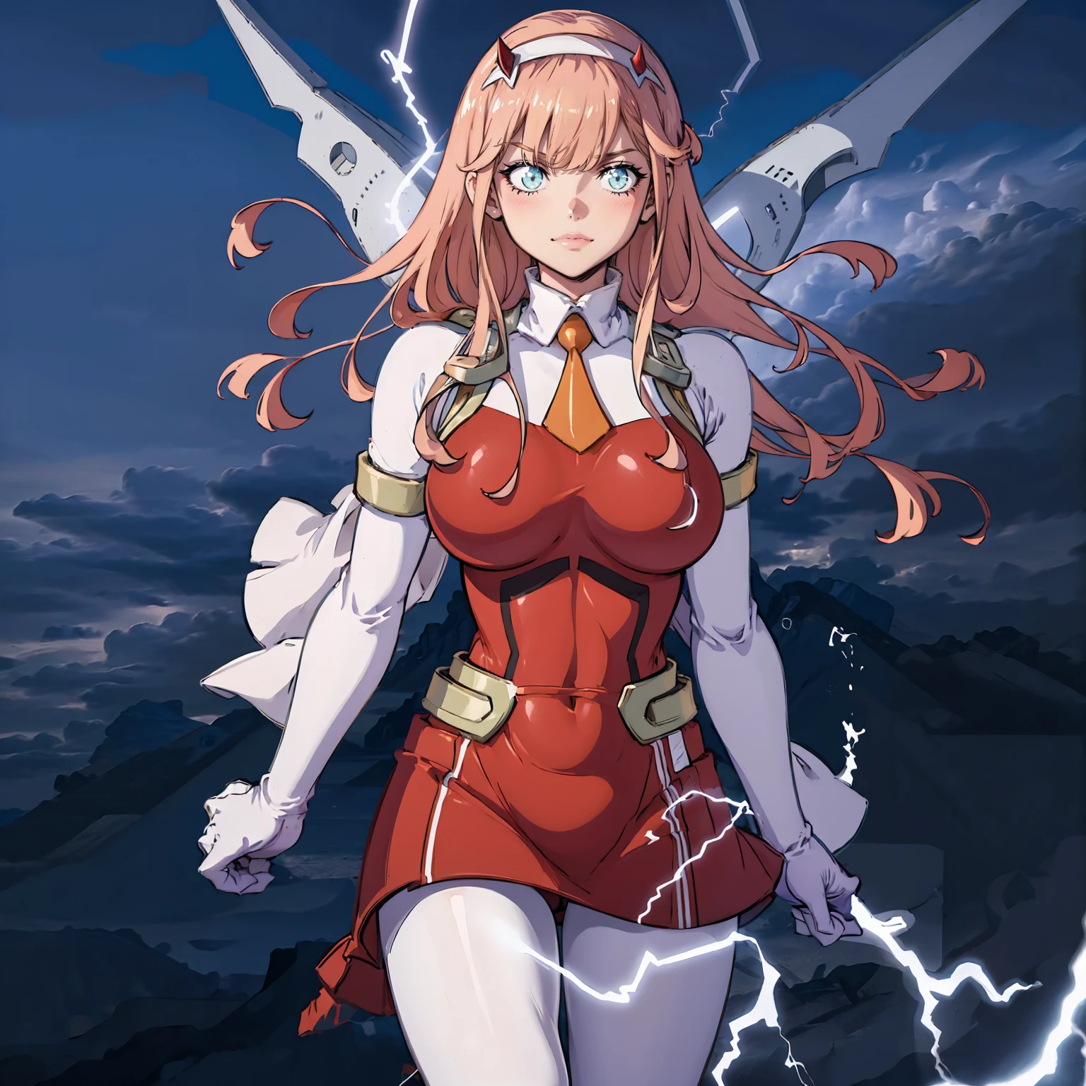 masterpiece, best quality, IncrsLowTier, electricity, glowing eyes zerotwo horns, hairband, necktie, red dress, pantyhose horns, hairband, red bodysuit, armlet, mecha horns, hairband, white bodysuit, white gloves, cap, red dress, white gloves, jacket on shoulders, pantyhose, cyber_armor body_suit,huge_breast, tall female, fulll body, sun light, smile,, sun aura,, boots, standing, smile, lips, red lips,{best quality}, {amazing quality} {best quality},{amazing quality},, {absurdres},{{highres}}, {very aesthetic}, {detailed}