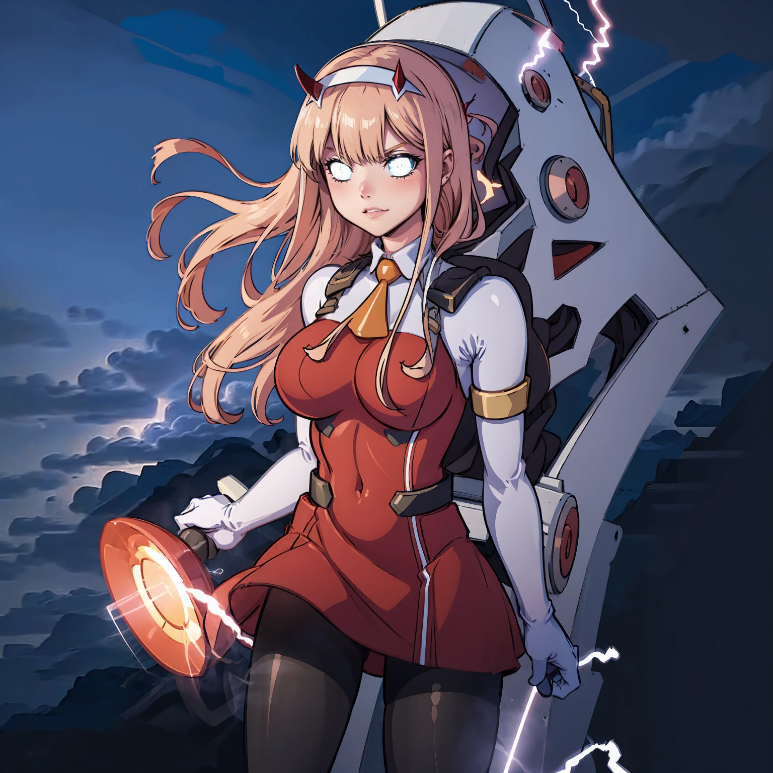 masterpiece, best quality, IncrsLowTier, electricity, glowing eyes zerotwo horns, hairband, necktie, red dress, pantyhose horns, hairband, red bodysuit, armlet, mecha horns, hairband, white bodysuit, white gloves, cap, red dress, white gloves, jacket on shoulders, pantyhose, cyber_armor body_suit,huge_breast, tall female, fulll body, sun light, smile,, sun aura,, boots, standing, smile, lips, red lips,{best quality}, {amazing quality} {best quality},{amazing quality},, {absurdres},{{highres}}, {very aesthetic}, {detailed}