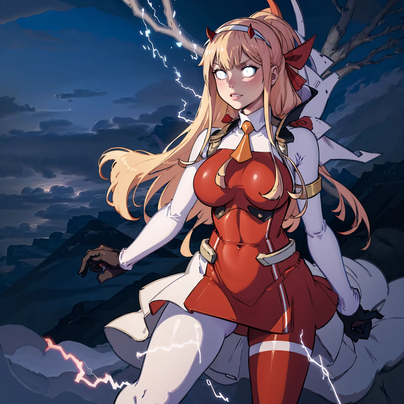 masterpiece, best quality, IncrsLowTier, electricity, glowing eyes zerotwo horns, hairband, necktie, red dress, pantyhose horns, hairband, red bodysuit, armlet, mecha horns, hairband, white bodysuit, white gloves, cap, red dress, white gloves, jacket on shoulders, pantyhose, cyber_armor body_suit,huge_breast, tall female, fulll body, sun light, smile,, sun aura,, boots, standing, smile, lips, red lips,{best quality}, {amazing quality} {best quality},{amazing quality},, {absurdres},{{highres}}, {very aesthetic}, {detailed}