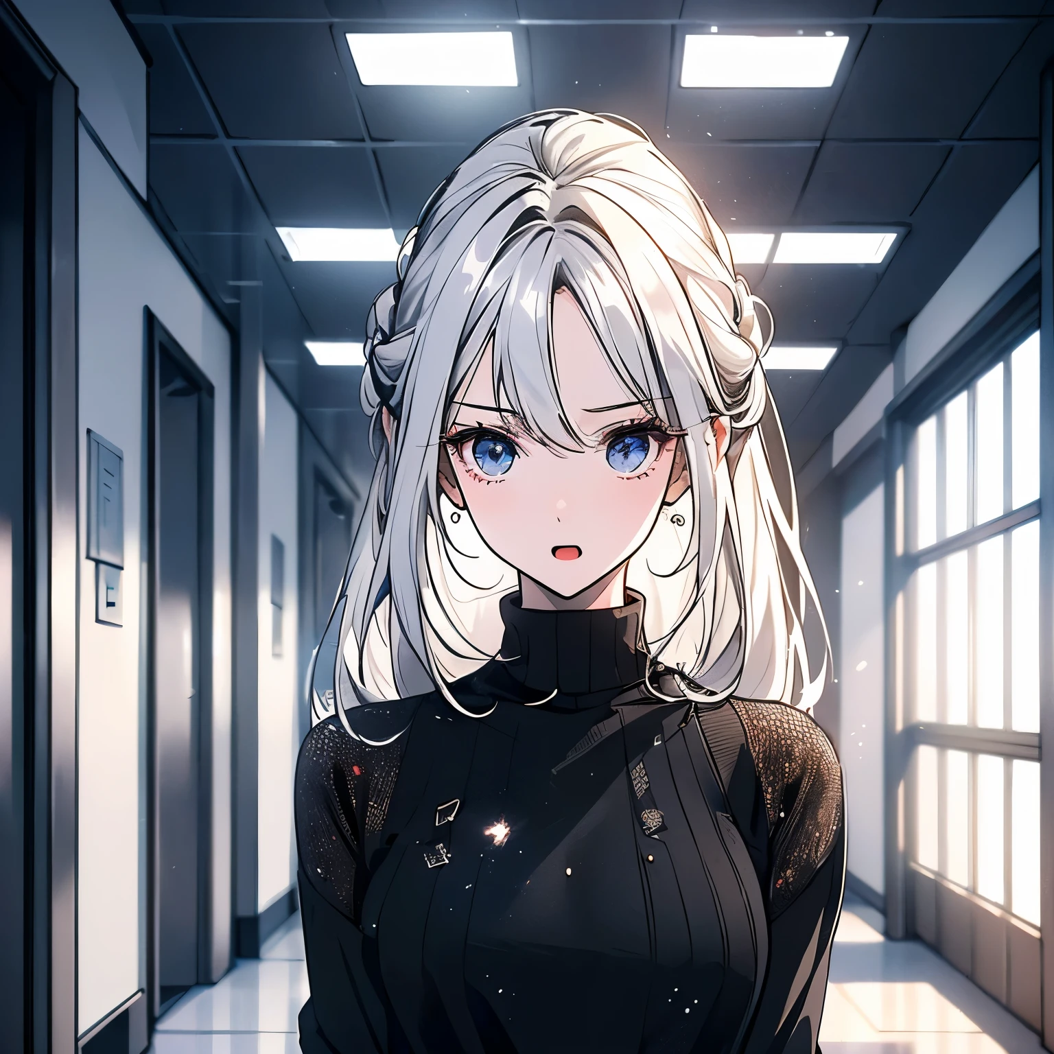 A white hair,20-year-old girl in a black sweater,Stand in the corridor of the hospital,Surprised expression,Open your mouth and yell,Panic,sweat(Upper body display:1.5)(cinematic lighting:1.5))(ultra-high detail:1.5)(best quality:1.5)