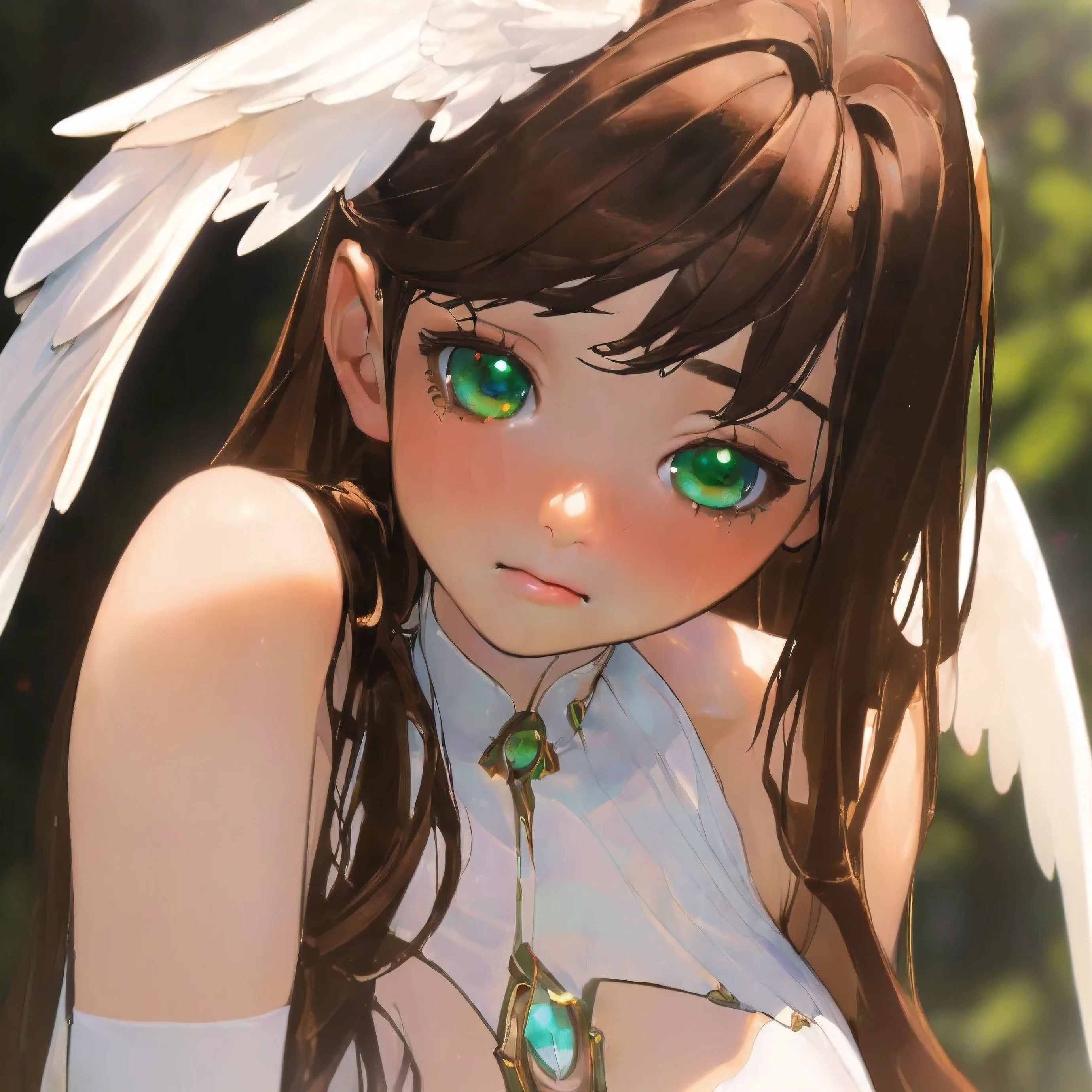 (photorealistic:1.4), (Masterpiece,Beautiful eyes with exquisite details: 1.2), Masterpiece*Portrait, realistic, 3D face, \(Anime\), 1 girl, smooth, bare shoulders, black stockings, (brown hair), Blush, chest, long hair, chest large, White elegant clothes, green eyes, shy face, angel wings