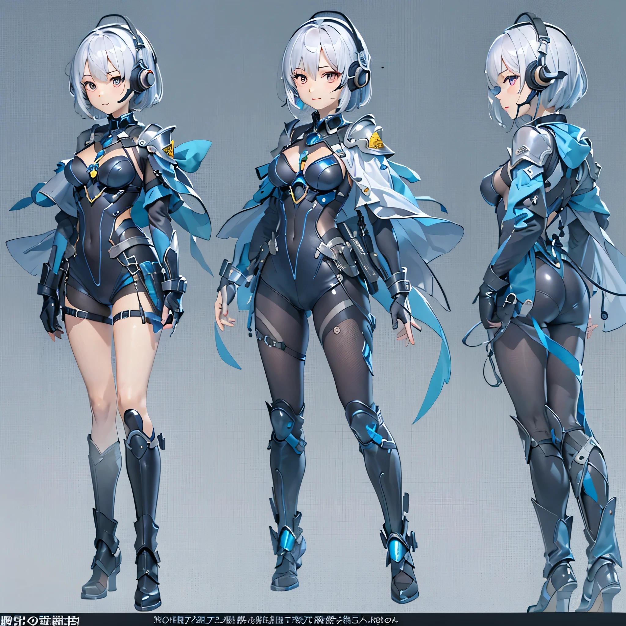 (masterpiece、highest quality、Highest Resolution、Clear_image、Detailed details、Angle from above): (Whole body、One 20 year old girl、Japanese Faces、Small Face、Slender、Navy blue super short bob cut hair、(Hidden small breasts:1.3)、Sparkling blue eyes、Shiny pilot suit in blue and black colors、Chest protection armor、Tight fitting clothes、Clothing that covers the whole body、Glamorous clothes、Tight Fit Pants、Hide your skin、Very delicate and beautiful、Detailed Skin、hide thighs、Hide your ass、Cute、A gentle smile、Soft expression、heroine、headset、Knee-high boots、Elbow-length gloves、Eye Level Shot、Face directly、Woman on a spaceship)