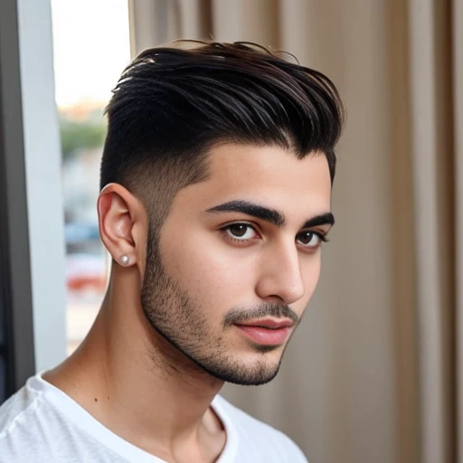 a young lebanese man perfect, short hair focus on face