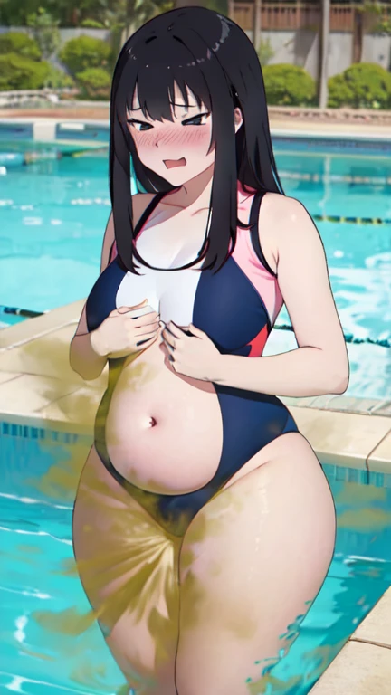 2 Asian girls, both farting side by side, desperate to poop, in pool, farting while bending over, stomach growling, wearing swimsuits, malaysian chinese girl, tomboy, stomach bloated, hands hugging stomach, pained expression, shocked and embarrassed, mouth open in shock, blushing, beautiful and cute face, anime art style, fit body, tall and thin, view from front