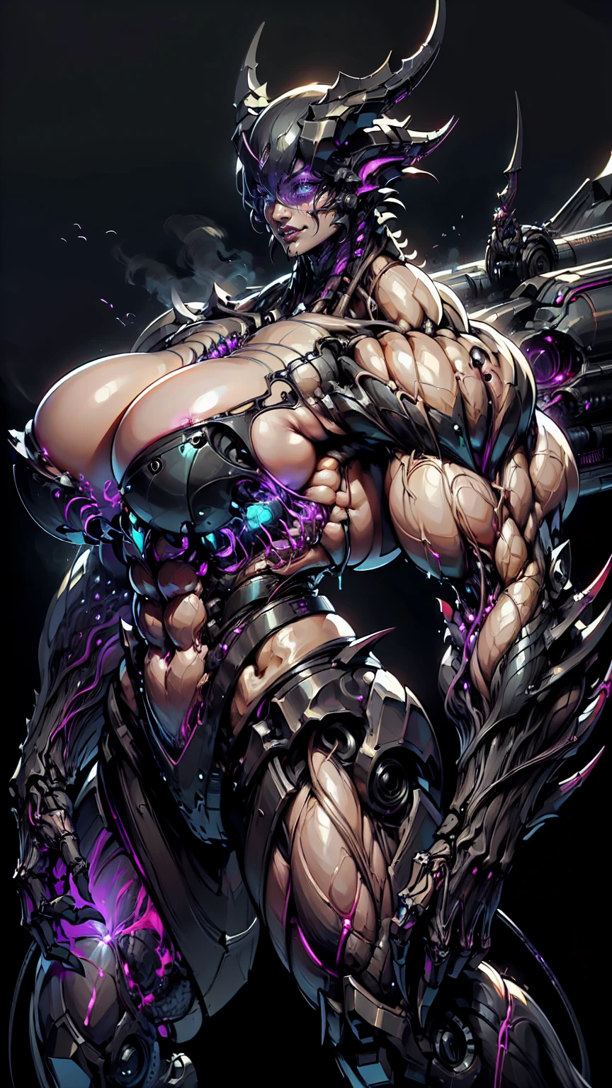 (draconic alien biomechanical succubus with carnage & witchblade physique:1.5), (megan fox as a muscular alien draconic biomechanical demonic woman with flayed skin, gigantic horns, & necrotic metallic muscle:1.5), (witchblade muscular anatomy:1.25), (perfect fingers:1.25), ((wide shoulders & upper body:1.25)), (very skinny legs:1), (huge muscular arms:1.25), (ten pack abs:1.25), (full body view:1.25), choker, detailed eyes, (looking at viewer), (smile:1.25), (blank dark background:1.25), in the art style of H.P. Giger, (beautiful girl face:1.25)