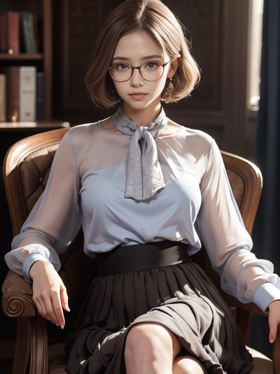 (Realistic、High resolution:1.3),alone, One Girl, masterpiece, highest quality, Very detailed, Cinema Lighting, Intricate details, High resolution, Official Art, Beautifully detailed face and eyes, High resolutionのイラスト, 8k, (Short bun hairstyle), Ash Brown Hair:1.3, Very thin body, ((Monogram Chiffon Long Skirt、Chiffon blouse:1.3)) 、Single Blade, blue eyes, Glasses, Crossing your legs, Sit on a chair, patterned high heels, Big Breasts, Book_stack, library, ((vine)), Looking at the audience,whole body,Elegant high heels,