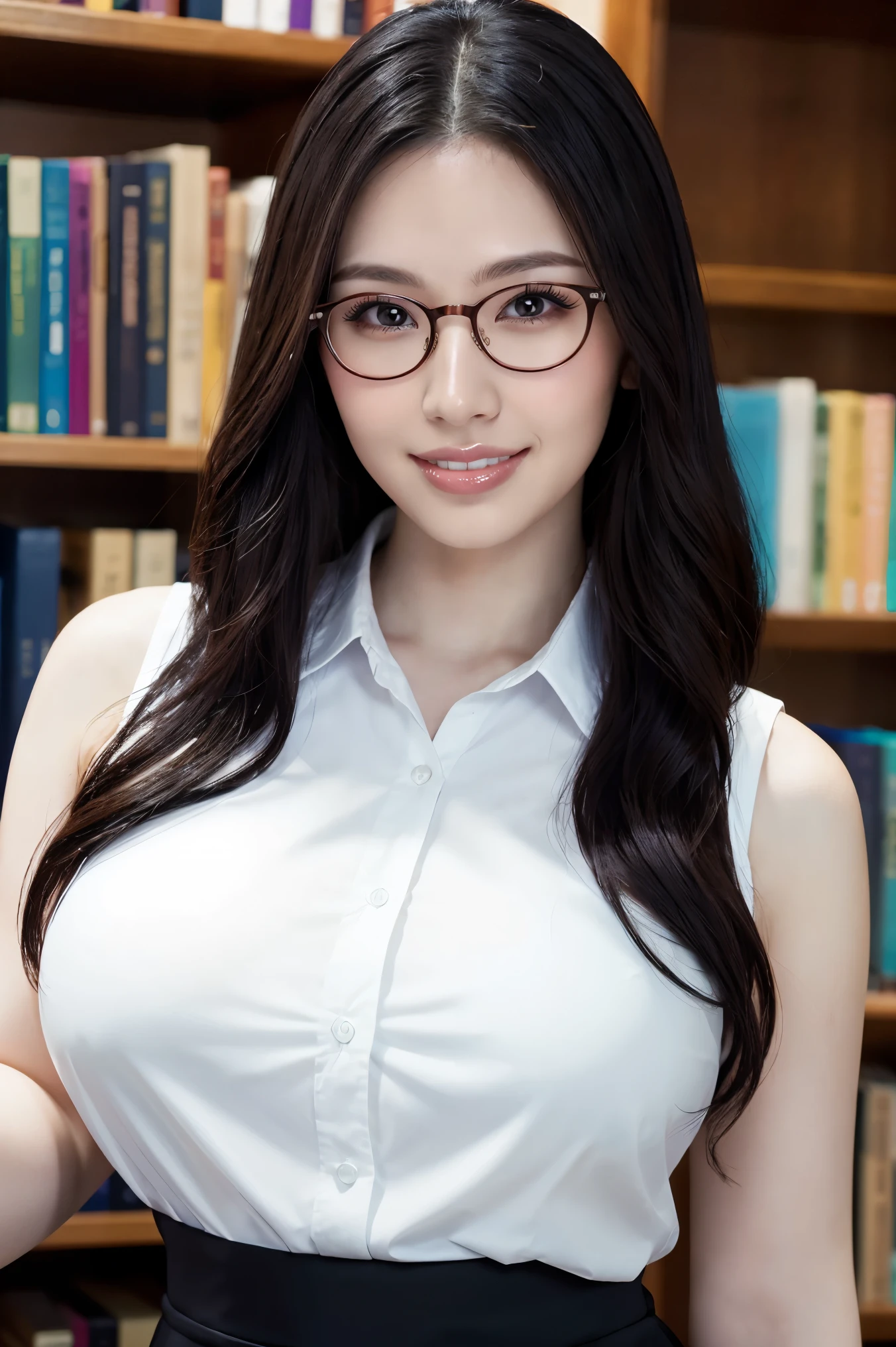 (highest quality、Tabletop、8k、Award-winning works、Ultra-high resolution、Best image quality)、One beautiful woman、(White polyester sleeveless buttoned collared blouse:1.3)、(Elegant black tight skirt:1.1)、(Huge breasts:1.2)、(Elegant round glasses:1.2)、library、(Standing Elegantly:1.1)、(Strongly blurred background:1.1)、Stand next to a bookshelf、(Perfectly organized bookshelf:1.1)、Bookshelf in the background、居心地の良いlibrary、lipstick、Long eyelashes、Heavy makeup、Perfect Makeup、Colored contact lenses、Accentuate your body lines、Big ample breasts、Soft and warm lighting、Detailed bookshelf、(Ultra-high resolutionの正確な美しい髪:1.1)、(Accurate anatomy:1.2)、Ultra-high definition beautiful eyes、Ultra-high definition beautiful teeth、(Super bright and radiant skin:1.1)