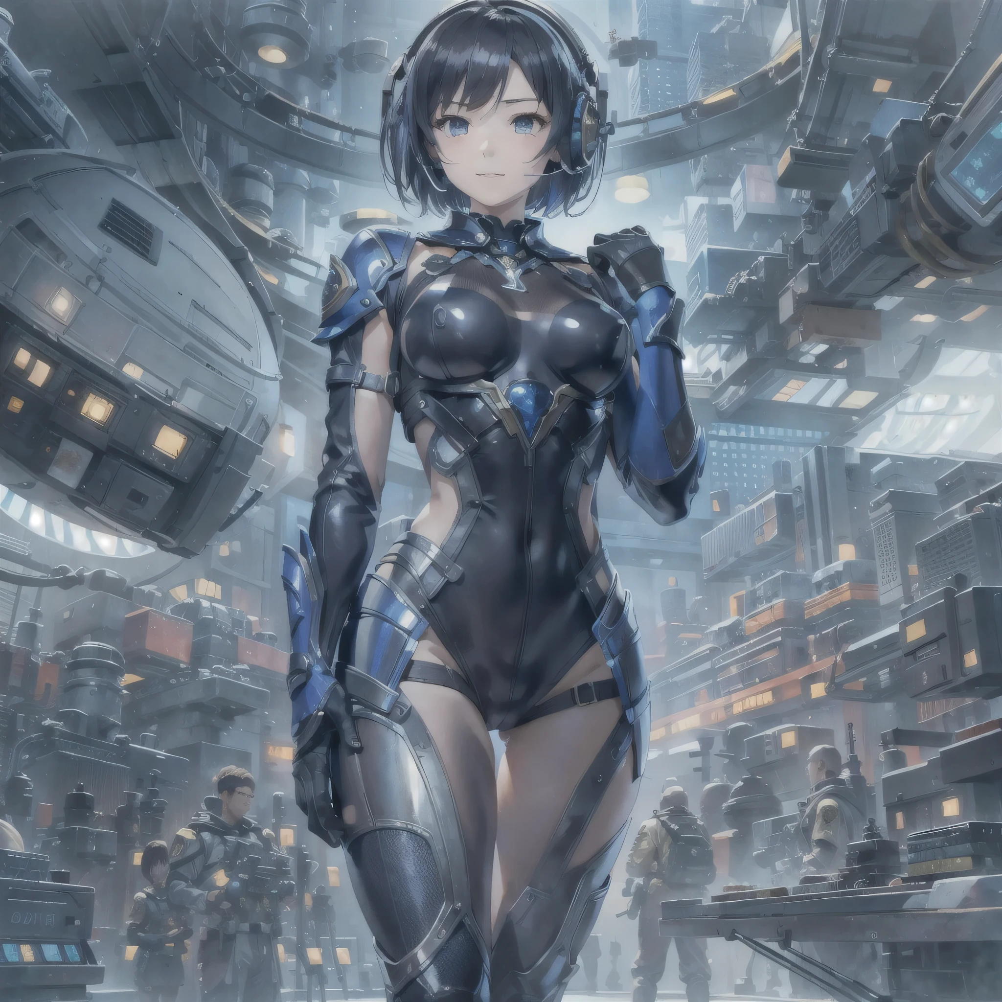 (masterpiece、highest quality、Highest Resolution、Clear_image、Detailed details、Angle from above): (Whole body、One 20 year old girl、Japanese Faces、Small Face、Slender、Navy blue super short bob cut hair、(Hidden small breasts:1.3)、Sparkling blue eyes、Shiny pilot suit in blue and black colors、Chest protection armor、Tight fitting clothes、Clothing that covers the whole body、Glamorous clothes、Tight Fit Pants、Hide your skin、Very delicate and beautiful、Detailed Skin、hide thighs、Hide your ass、Cute、A gentle smile、Soft expression、heroine、headset、Knee-high boots、Elbow-length gloves、Eye Level Shot、Face directly、Woman on a spaceship)