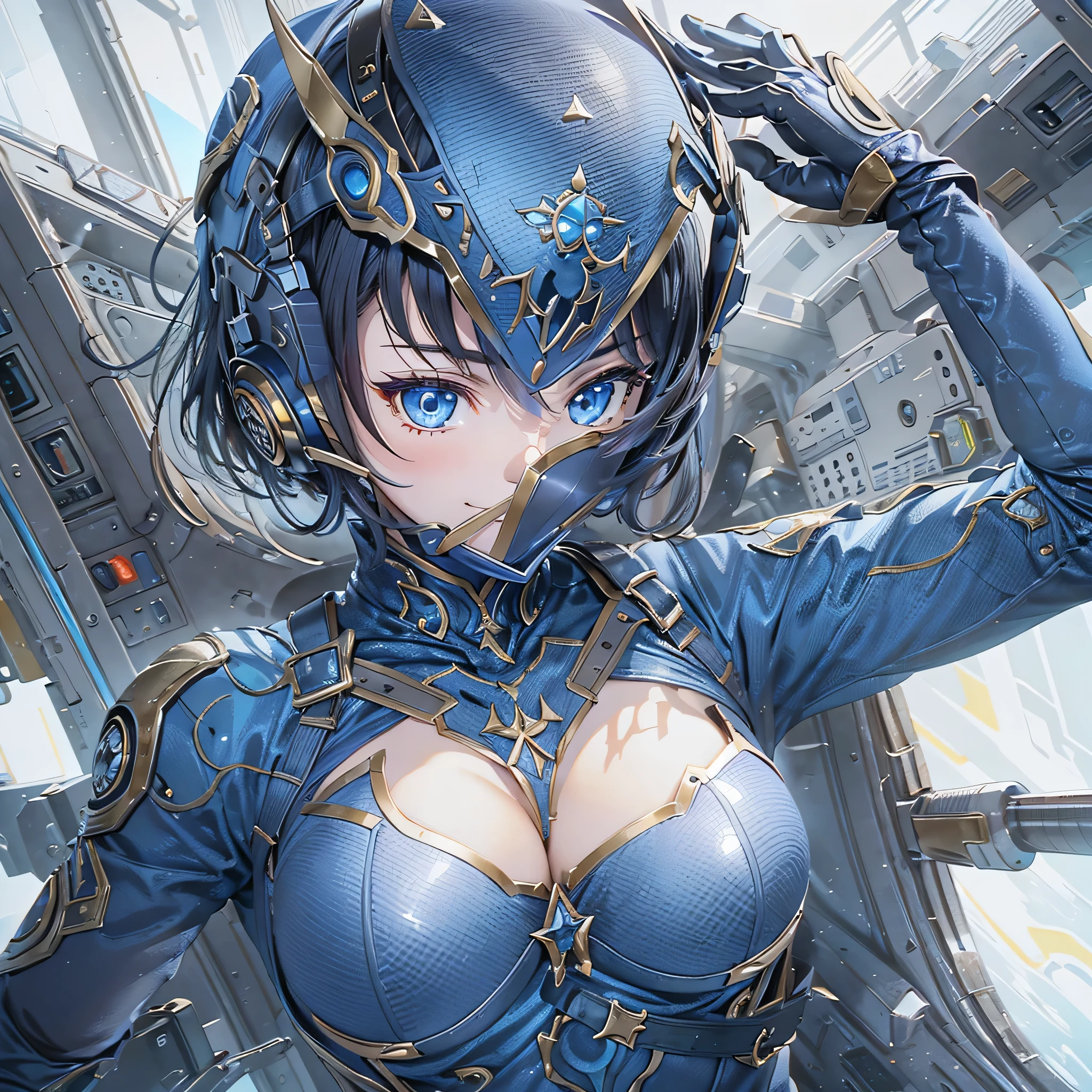 (masterpiece、highest quality、Highest Resolution、Clear_image、Detailed details、Angle from above): (Whole body、One 20 year old girl、Japanese Faces、Small Face、Slender、Navy blue super short bob cut hair、(Hidden small breasts:1.3)、Sparkling blue eyes、Shiny pilot suit in blue and black colors、Chest protection armor、Tight fitting clothes、Clothing that covers the whole body、Glamorous clothes、Tight Fit Pants、Hide your skin、Very delicate and beautiful、Detailed Skin、hide thighs、Hide your ass、Cute、A gentle smile、Soft expression、heroine、headset、Knee-high boots、Elbow-length gloves、Eye Level Shot、Face directly、Woman on a spaceship)