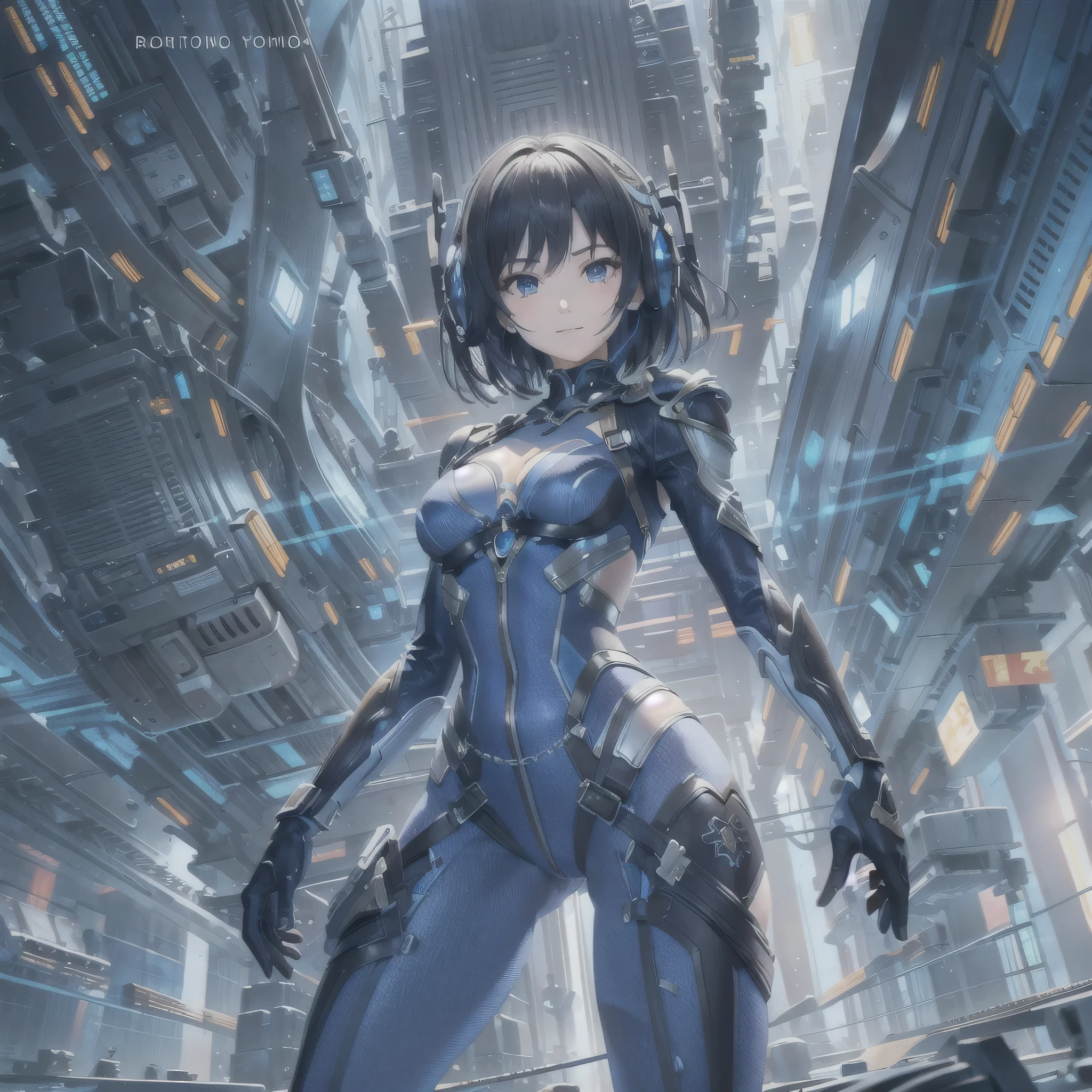 (masterpiece、highest quality、Highest Resolution、Clear_image、Detailed details、Angle from above): (Whole body、One 20 year old girl、Japanese Faces、Small Face、Slender、Navy blue super short bob cut hair、(Hidden small breasts:1.3)、Sparkling blue eyes、Shiny pilot suit in blue and black colors、Chest protection armor、Tight fitting clothes、Clothing that covers the whole body、Glamorous clothes、Tight Fit Pants、Hide your skin、Very delicate and beautiful、Detailed Skin、hide thighs、Hide your ass、Cute、A gentle smile、Soft expression、heroine、headset、Knee-high boots、Elbow-length gloves、Eye Level Shot、Face directly、Woman on a spaceship)