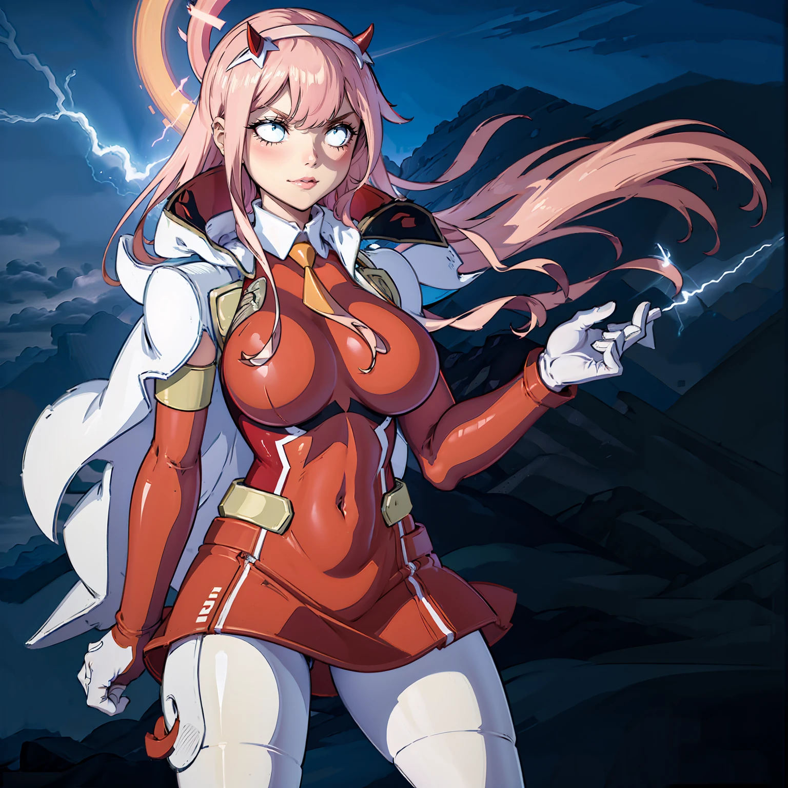 masterpiece, best quality, IncrsLowTier, electricity, glowing eyes zerotwo horns, hairband, necktie, red dress, pantyhose horns, hairband, red bodysuit, armlet, mecha horns, hairband, white bodysuit, white gloves, cap, red dress, white gloves, jacket on shoulders, pantyhose, cyber_armor body_suit,huge_breast, tall female, fulll body, sun light, smile,, sun aura,, boots, standing, smile, lips, red lips,{best quality}, {amazing quality} {best quality},{amazing quality},, {absurdres},{{highres}}, {very aesthetic}, {detailed}