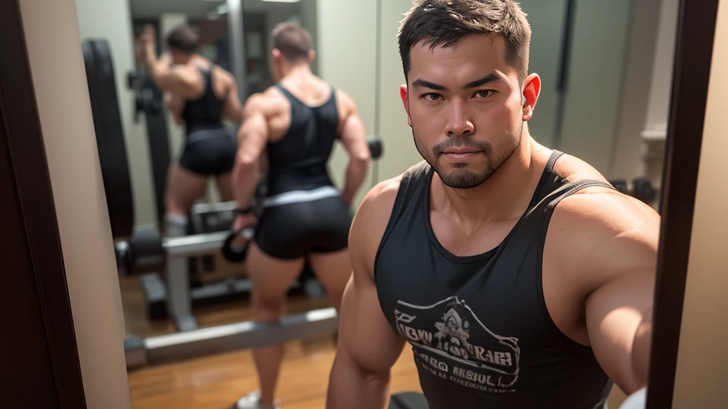 An award-winning original photo, 1 man, solo, (41 year old), George Pei, Chris Redfield, ((daddy)), muscular male, round face, soft smirk, tall and hunk, best quality, masterpiece, high resolution:1.2, Dynamic Angle, volumetric lighting, (Best quality, A high resolution, Photorealistic), Cinematic lighting, Masterpiece, RAW photo, Intricate details, hdr, depth of field，brush cut，short detailed hair，fatness，double eyelid，slightly fat big breasts,(Best quality, A high resolution, Photorealistic), Cinematic lighting, Masterpiece, RAW photo, Intricate details, hdr, Ultra-realistic capture, Highly detailed, High resolution 16k close-up of human skin. Skin texture must be natural, With such detail that pores can be finely identified. Skin should look healthy, In a uniform tone. Use natural light and color, Surrealism, man taking a selfie with his phone, mirror selfie, Full Body Shot, sport t-shirt, shorts, abs : 1.1, gymnastic, gym room, selfie with gym mirror, taking a selfie at the gym, workout, in the gym, workout, 
