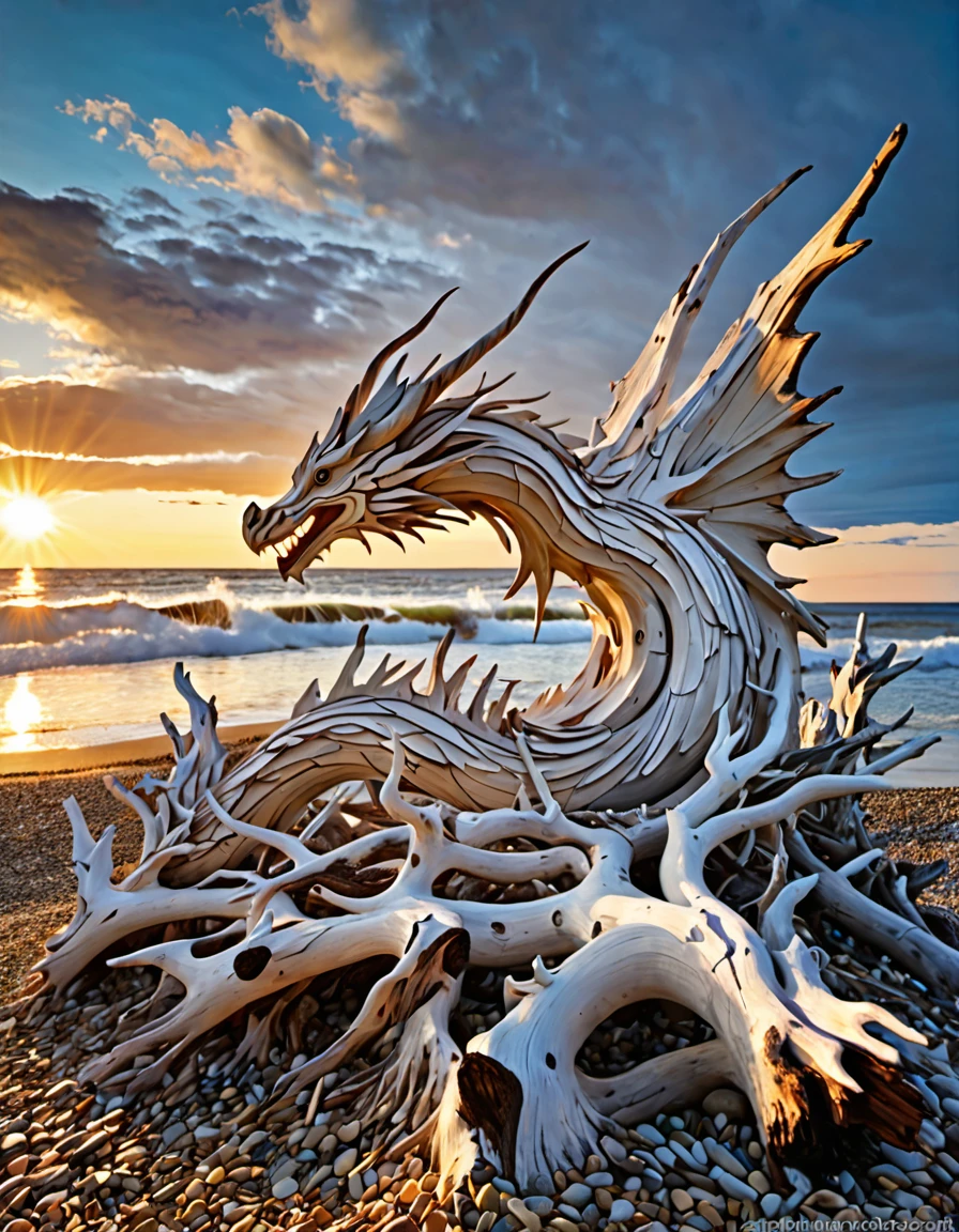 quite ((cahotic)) sculture made of drift wood irregular branches and a few trunks composing all together an overall shape similar to an undefined ((dragon)), some wood pieces are quite bleached by the sun and salted sea, on a rock on the shore, (((birds in the background))), at sunset, in the evening, storming sea and leaden sea behind, photorealistic