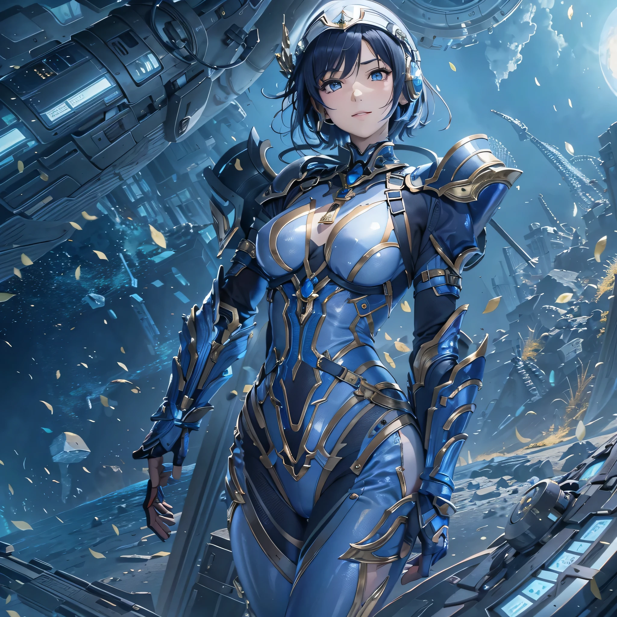 (masterpiece、Highest quality、Highest Resolution、Clear_image、Detailed details、Angle from above): (Whole body、One 20 year old girl、Japanese Faces、Small Face、Slender、Navy blue super short bob cut hair、(Hidden small breasts:1.3)、Sparkling blue eyes、Shiny pilot suit in blue and black colors、Chest protection armor、Tight fitting clothes、Clothing that covers the whole body、Glamorous clothes、Tight Fit Pants、Hide your skin、Very delicate and beautiful、Detailed Skin、hide thighs、Hide your ass、Cute、A gentle smile、Soft expression、heroine、headset、Knee-high boots、Elbow-length gloves、Eye Level Shot、Face directly、Woman on a spaceship)