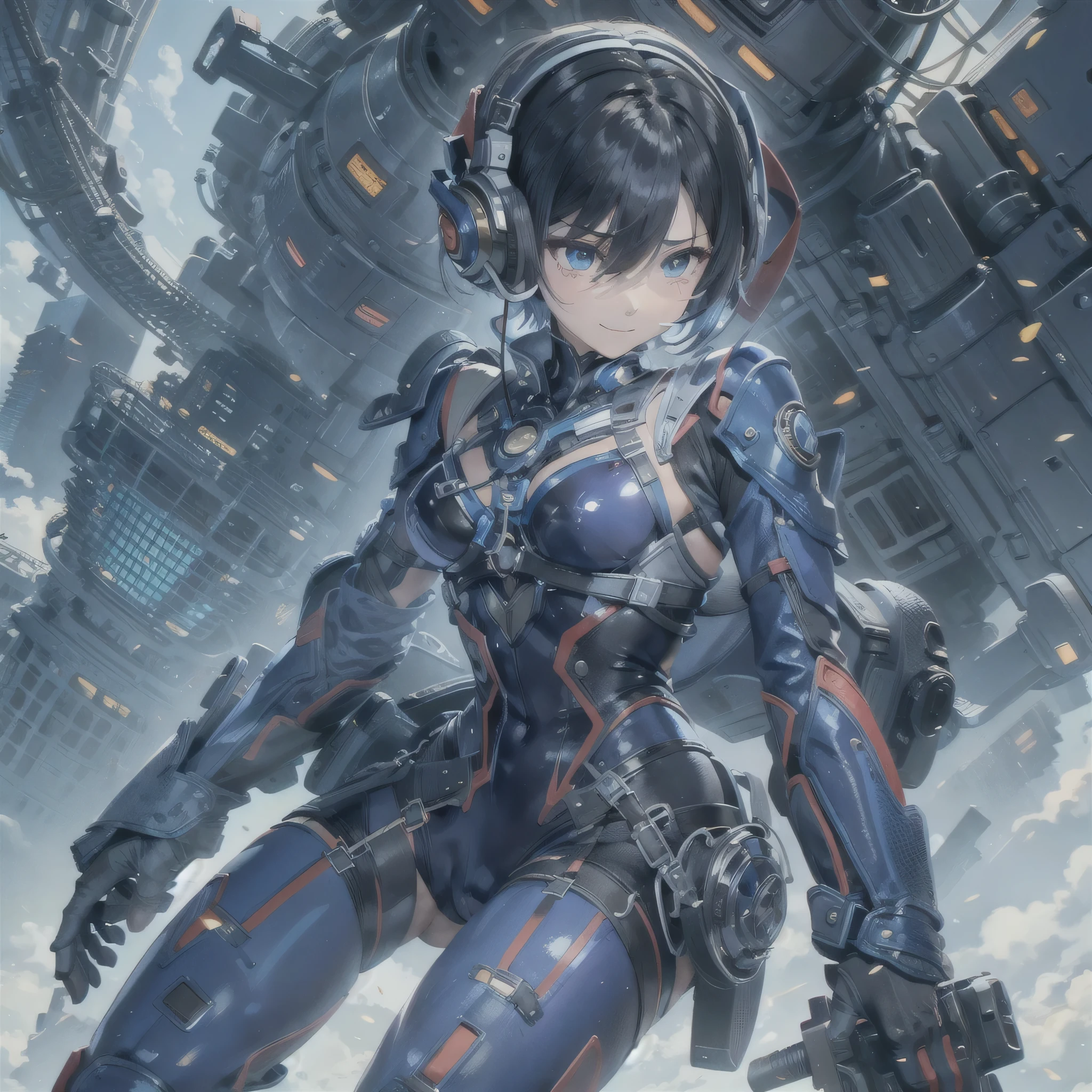 (masterpiece、highest quality、Highest Resolution、Clear_image、Detailed details、Angle from above): (Whole body、One 20 year old girl、Japanese Faces、Small Face、Slender、Navy blue super short bob cut hair、(Hidden small breasts:1.3)、Sparkling blue eyes、Shiny pilot suit in blue and black colors、Chest protection armor、Tight fitting clothes、Clothing that covers the whole body、Glamorous clothes、Tight Fit Pants、Hide your skin、Very delicate and beautiful、Detailed Skin、hide thighs、Hide your ass、Cute、A gentle smile、Soft expression、heroine、headset、Knee-high boots、Elbow-length gloves、Eye Level Shot、Face directly、Woman on a spaceship)