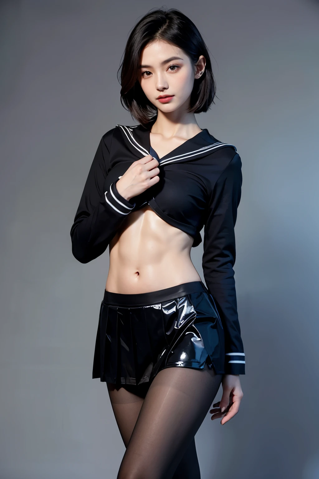 ((highest quality)), ((masterpiece)), (detailed), Perfect Face,非常にdetailedな,非常にdetailedな,highest quality,Metersasterpiece,figure,Realistic, , alone, One Japanese girl, A beautiful 18-year-old with an idol-like face,Thin Nose,Well-proportioned face。Symmetrical eyes,White Gal (Black short bob:1.7),With bangs, ,((A shiny black long-sleeved sailor uniform that is very short and tight, revealing the abdomen:1.9)),((Very short pleated skirt in glossy black spandex fabric:1.9)), (Super Micro Mini Skirt:1.9), Long sleeve sailor suit, (Very thin, transparent seamless black pantyhose:1.9), (Red Sailor Tie:1.2),View your viewers, (smile:1.2),\Meters/, ((The whole body is visible:1.4)),(upright:1.9)　View from the front,Eyes meet, (Long-limbed, slender figure:1.5),(Very small breasts:1.1),(Visible Abs:1.6),(Muscular legs:1.4),Broad shoulders,The belly button is clearly visible,tall,(Slim waist:1.7),Your abs are very visible,Fair skin,Beautiful Skin,(Beautiful feet:1.6),Shiny skin,Thin skinny body,Flat, flat breasts,Most of small breasts, Blurred Background, Bright classroom, Photo Background, Spotlight,Natural Light
