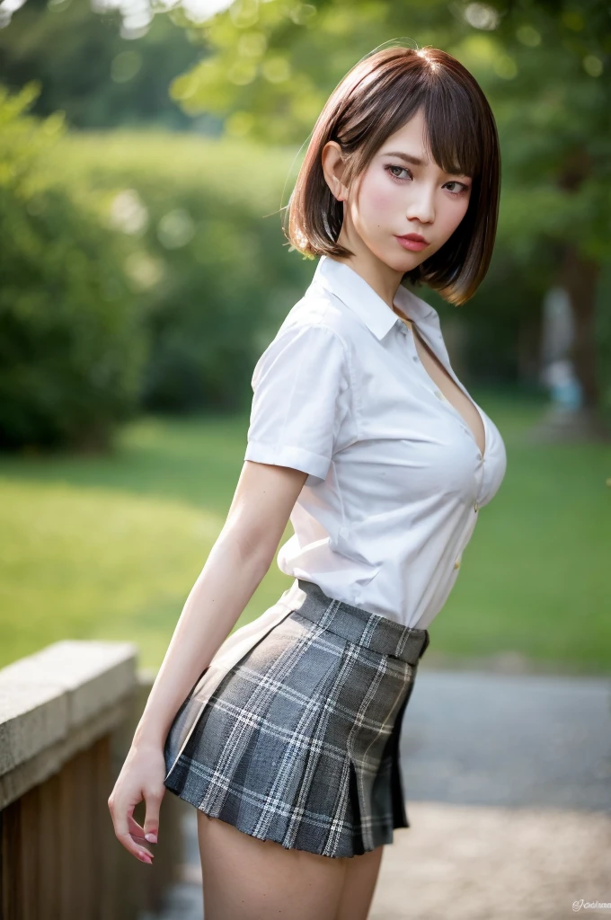 nsfw, 8K raw photo, Best quality, masterpiece, ultra high res, film grain, filmg, 1girl, looking at viewer, natural skin texture, realistic eye and face details, full lips, lipstick, (makeup), red eyeshadow, fluffy short hair, messy hair, smile, close mouth, beautiful legs, tall female, skinny, slim_legs, solo, enormous breast, cleavage, Pose with buttocks facing you, ultra short skirt, ass, shirt, beautiful nature location, around flower location, (detailed background), plaid skirt, white shirt, enormous breast, cleavage, Show a little cleavage through the shirt, loafers, blurry background, blurry, holding, plaid, short sleeves, jk ribbon on the neck, jk ribbon, brown hair, bracelet, water, bangs, , jewelry, parted lips, lips, from side, pleated skirt, depth of field