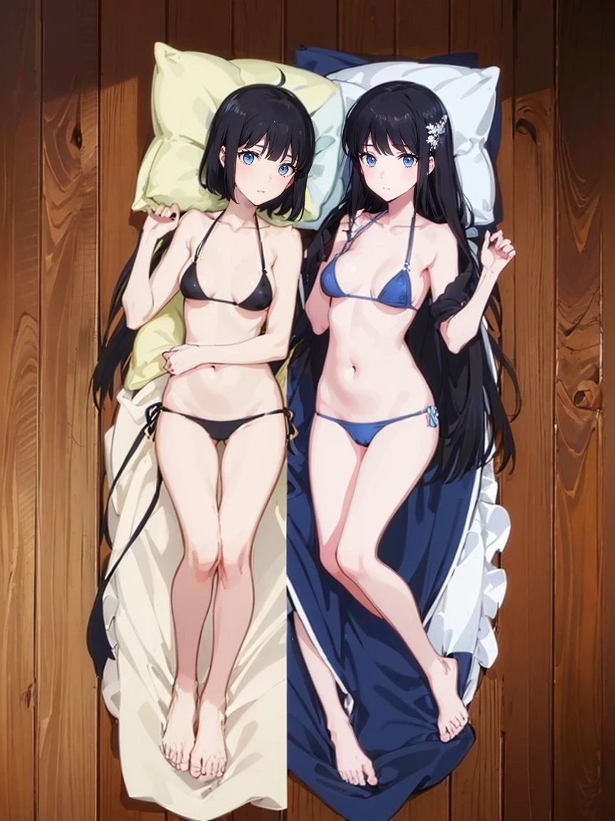 (((Body pillow、dakimakura,)))、(((Two women,Full body photo, )))Best image quality, high quality, The background is clear,Beautiful woman, Japanese, detailed, detailed eyes, detailed skin, Beautiful Skin, 超High resolution, (reality: 1.4),Very beautiful woman, A little younger face, Beautiful Skin, thin, (Ultra-photorealism), (High resolution), (8k), (非常にdetailed) (Beautiful and detailed eyes), (非常にdetailed), (detailed face), Displaying the viewer, Fine details, detailed face, Photo Real, Bright lighting, Professional Lighting, Black Hair,Baby Face,,Hairstyle: short hair, smile,(((Light blue bikini、)))(((Flat chested,)))(体がthin,)