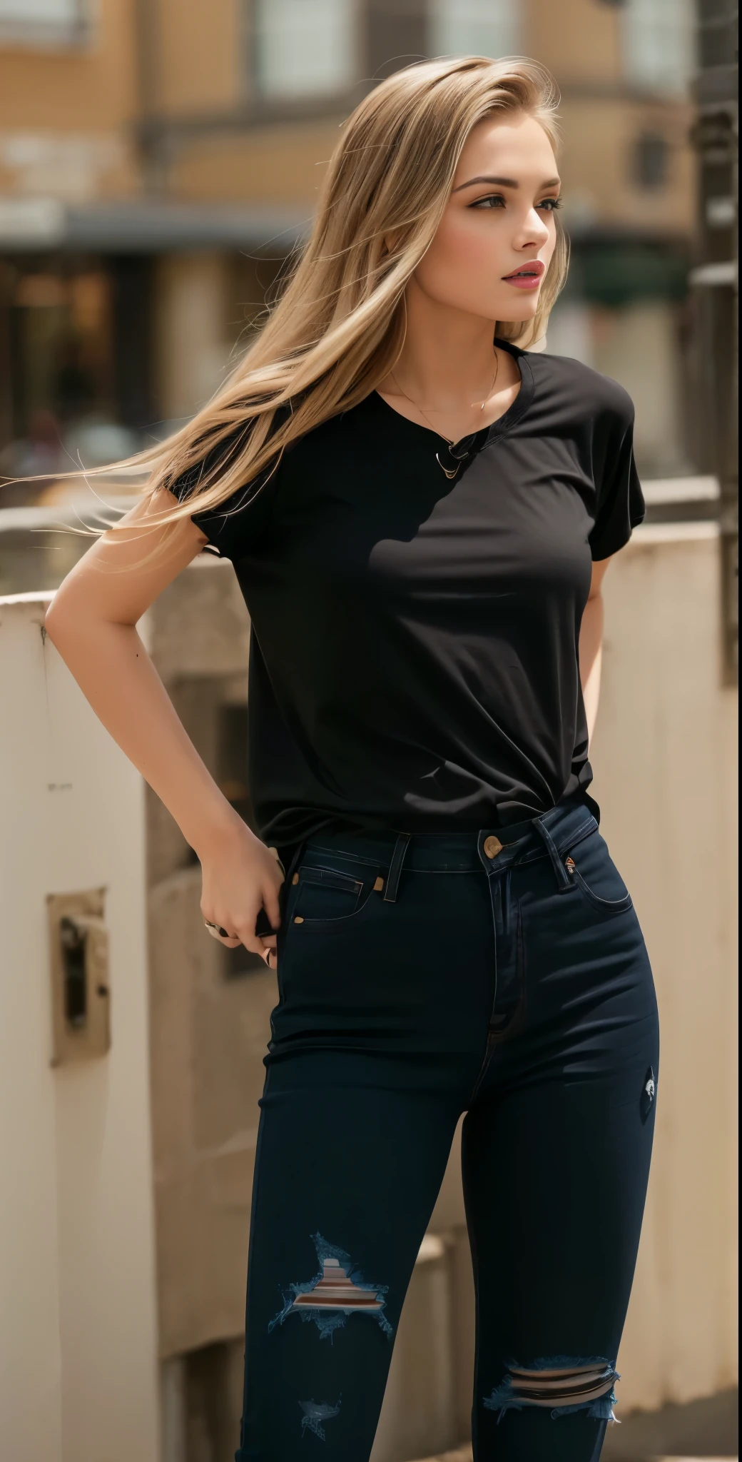 arafed woman in camisa preta and ripped jeans standing on a street, vestindo uma camisa escura e jeans, jeans e camiseta, wearing a Camiseta preta, vestindo uma camiseta preta, vestindo camiseta preta, camiseta preta, camiseta preta, Camiseta preta, wearing a camisa preta, Top preto, camisa preta, wearing pants and t-shirt