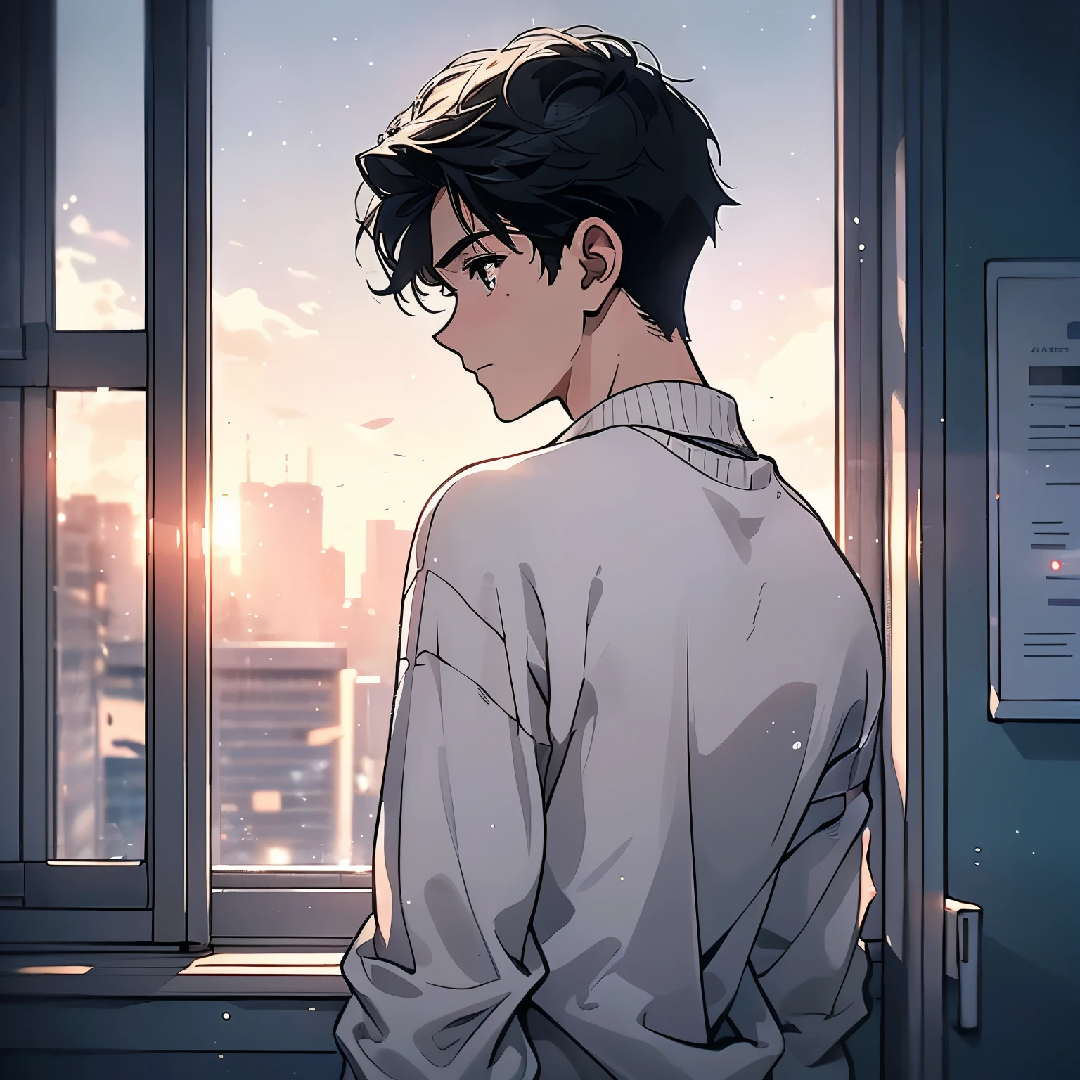 A black hair，18-year-old man in white sweater，Standing with my back to the window in the hospital corridor，Looking out the window with a sad expression，Laugh and cry，Tears（Upper body display：1.5）（cinematic lighting：1.5）)(ultra-high detail:1.5)(best quality:1.5)