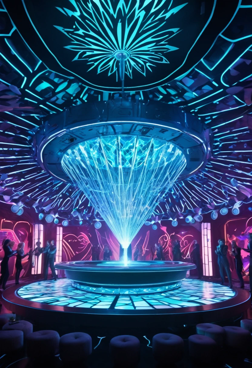 Amidst the pulsating rhythms of a Retro-futuristic nightclub, the air crackles with electricity, as patrons lose themselves in a kaleidoscope of sound and sensation, (masterpiece, best quality, Professional, perfect composition, very aesthetic, absurdres, ultra-detailed, intricate details:1.3)