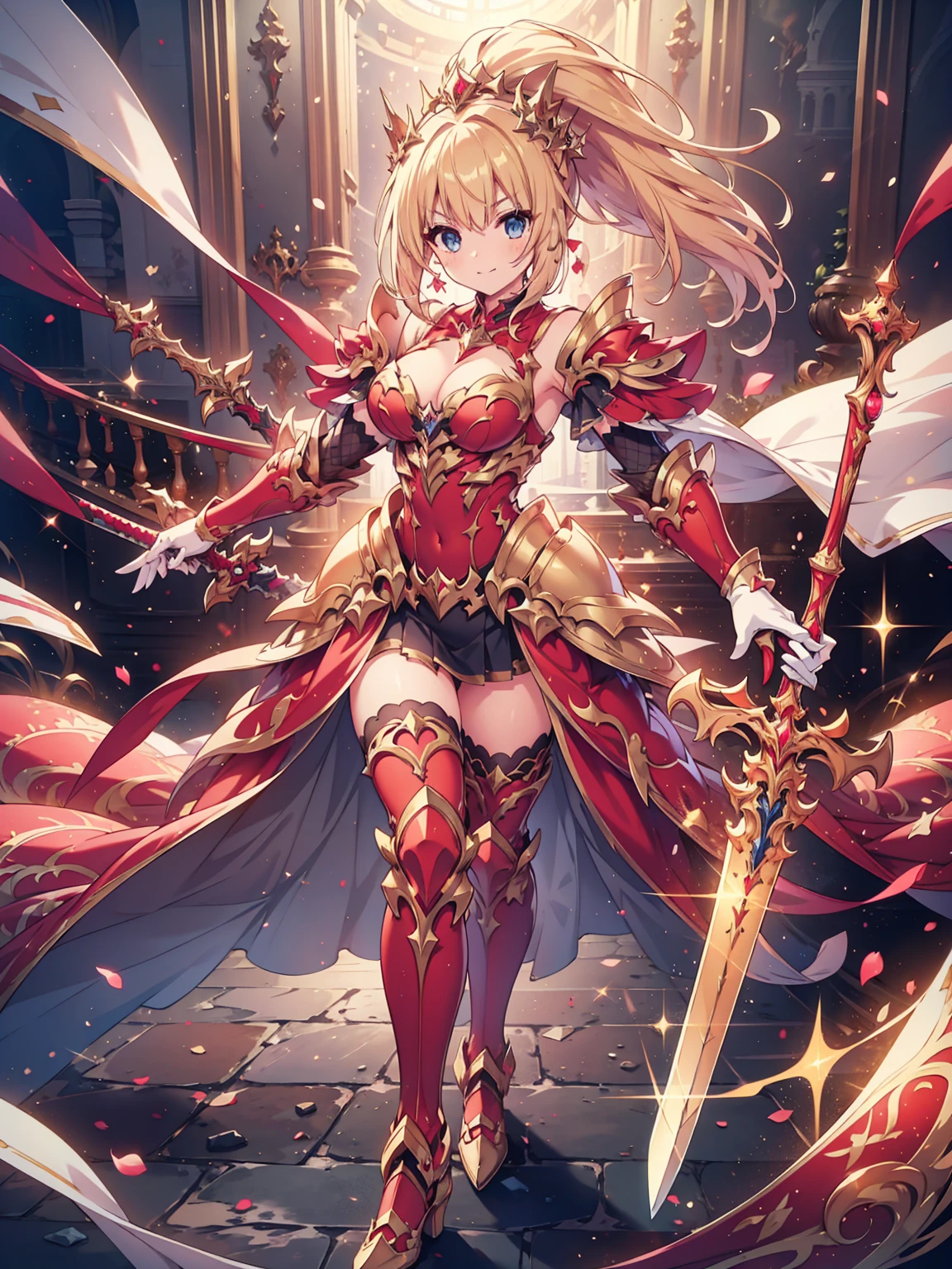 masterpiece, best quality, high resolution, extremely detailed CG, absurdres, 1girl, solo, a girl in armor and a crown holding a large sword, white armor, golden decoration, red_outfit, off-shoulder, thighhighs, long hair, ponytail, blond hair, leg armor, cleavage, crown, gloves, armor, white gloves, high heels, off-shoulder armor, >:), kda