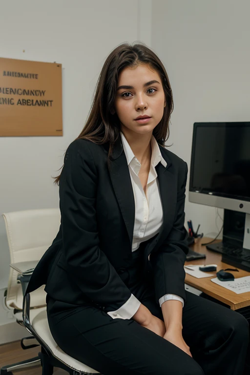 photography of a 20yo woman, perfect face, masterpiece, in formals like shirt pant tie blazer and she is hot  sitting in office in front of camara