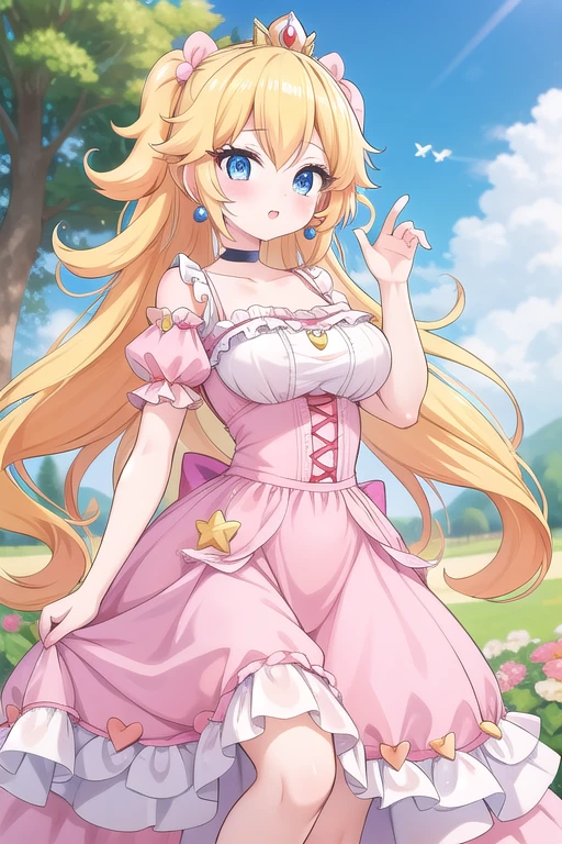 Une femme, 25 ans, mangas, cheveux longs, cheveux multicolores, details, princess peach, farmer's outfit, dans les champs