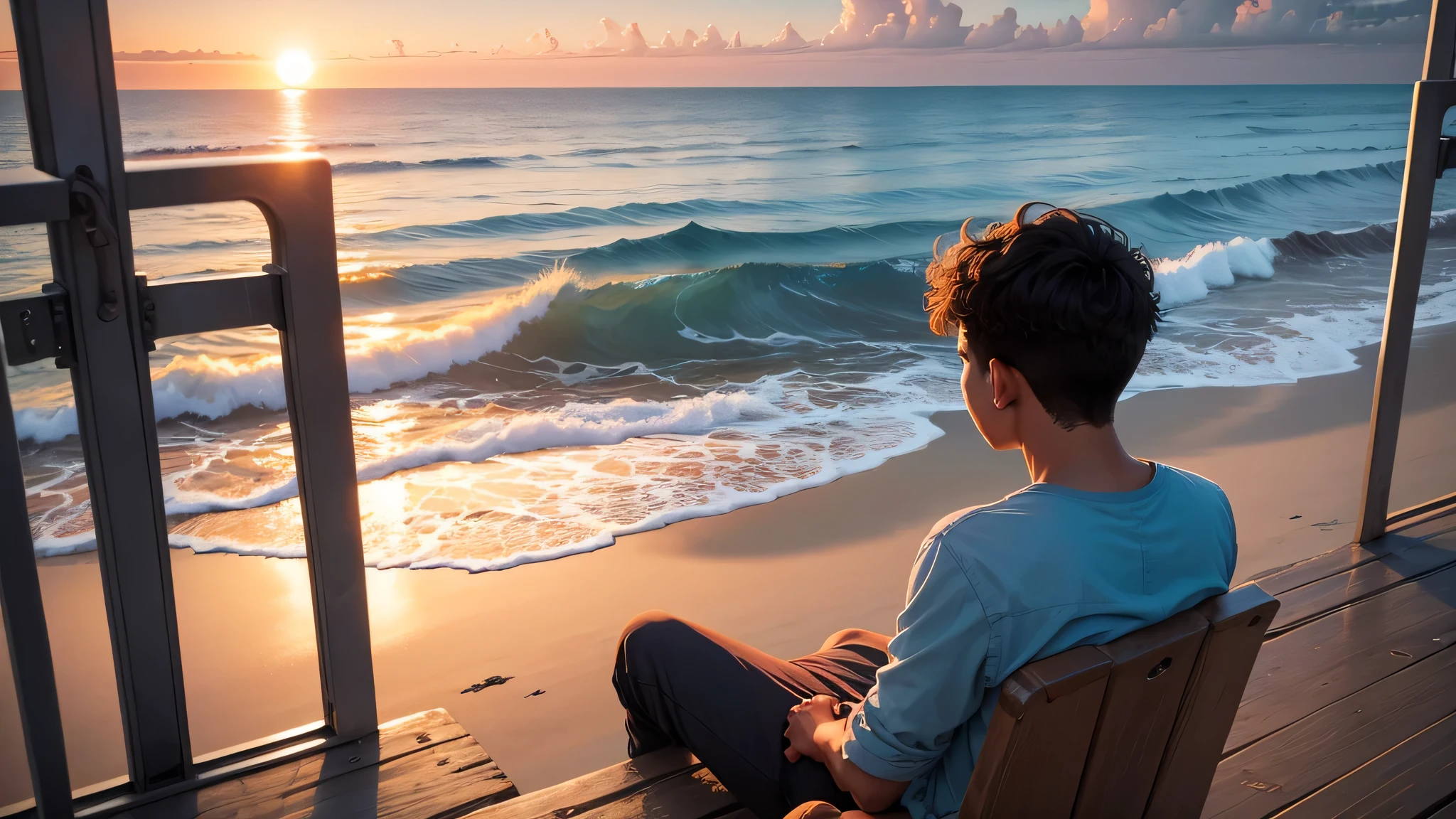 ocean sunset view a 22 year old boy sit in ocean site lock at sun