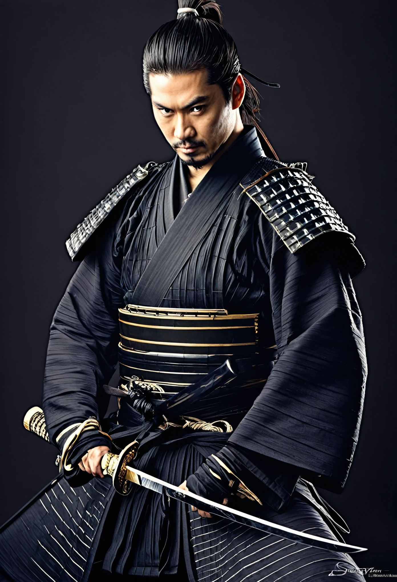Um guerreiro samurai com sua espada de perfil