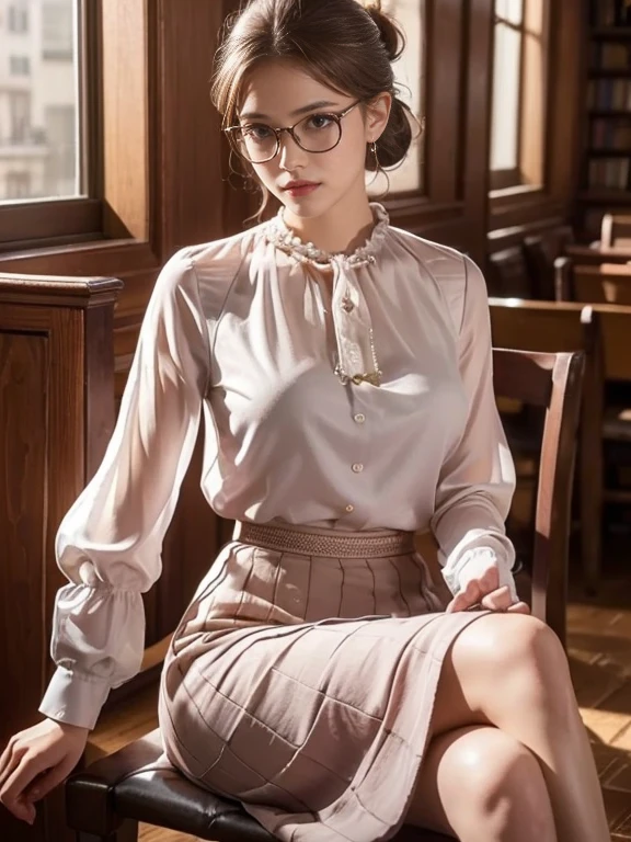 (Realistic、High resolution:1.3),alone, One Girl, masterpiece, highest quality, Very detailed, Cinema Lighting, Intricate details, High resolution, Official Art, Beautifully detailed face and eyes, High resolutionのイラスト, 8k, (Short bun hairstyle), Ash Brown Hair:1.3, Very thin body, ((Monogrammed long skirt、Chiffon blouse:1.3)) 、necklace,anklet,Single Blade, blue eyes, Glasses, Crossing your legs, Sit on a chair, patterned high heels, Big Breasts, Book_stack, library, ((vine)), Looking at the audience,whole body,Elegant high heels,