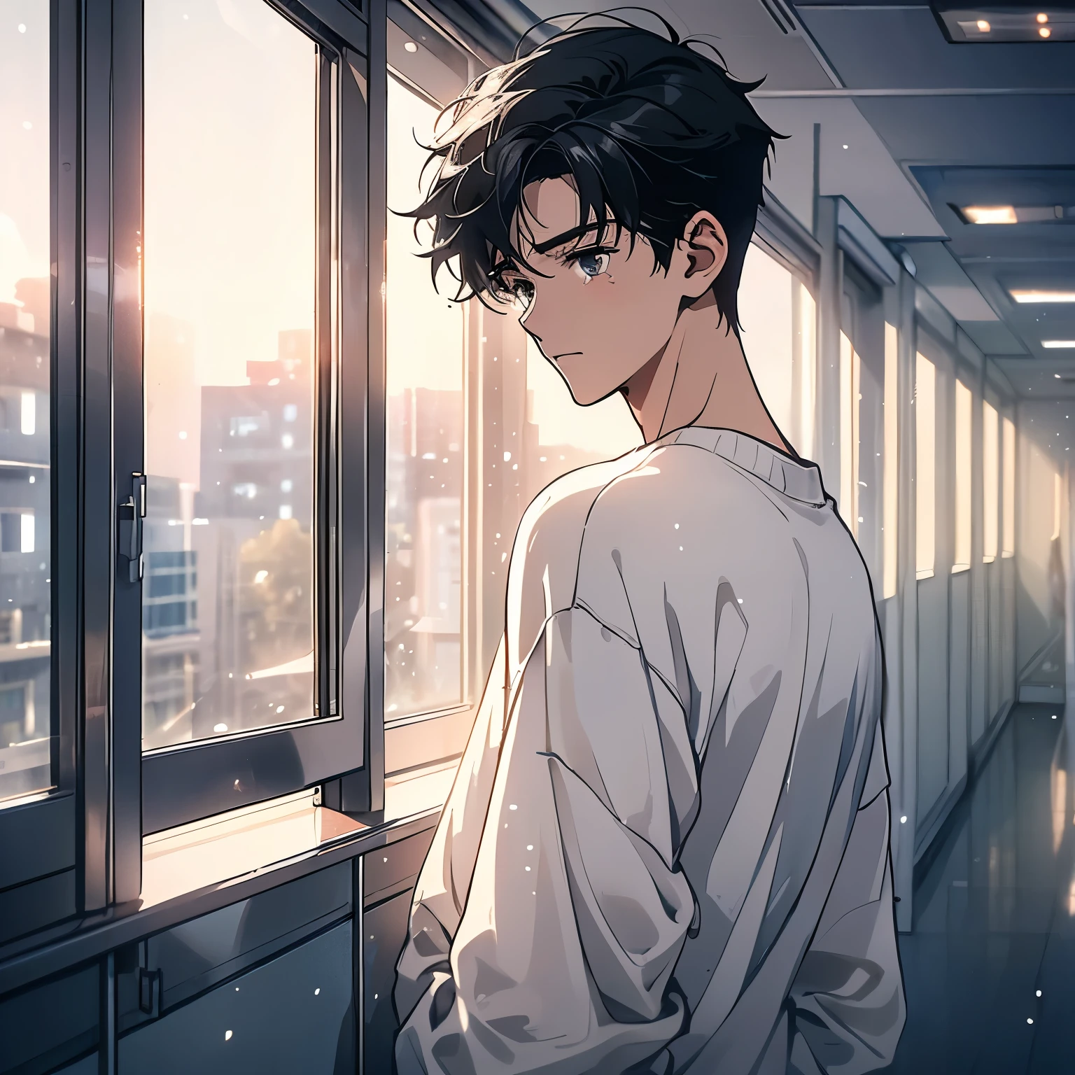 A black hair,18-year-old man in white sweater,Standing with my back to the window in the hospital corridor,Looking out the window with a sad expression,Laugh and cry,Tears(Upper body display:1.5)(cinematic lighting:1.5))(ultra-high detail:1.5)(best quality:1.5)