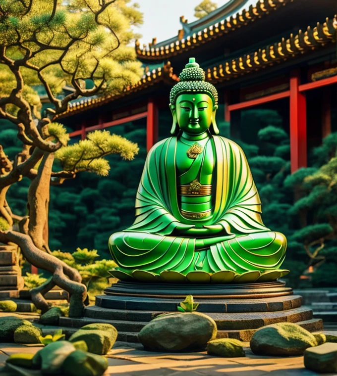quan yin statue made of jade, chinese haven back ground, holly light