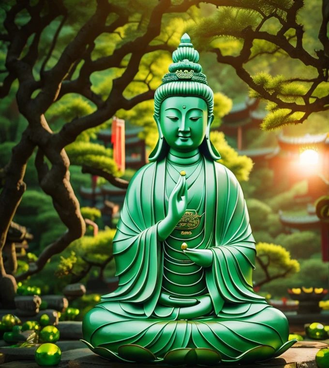 quan yin statue made of jade, chinese haven back ground, holly light