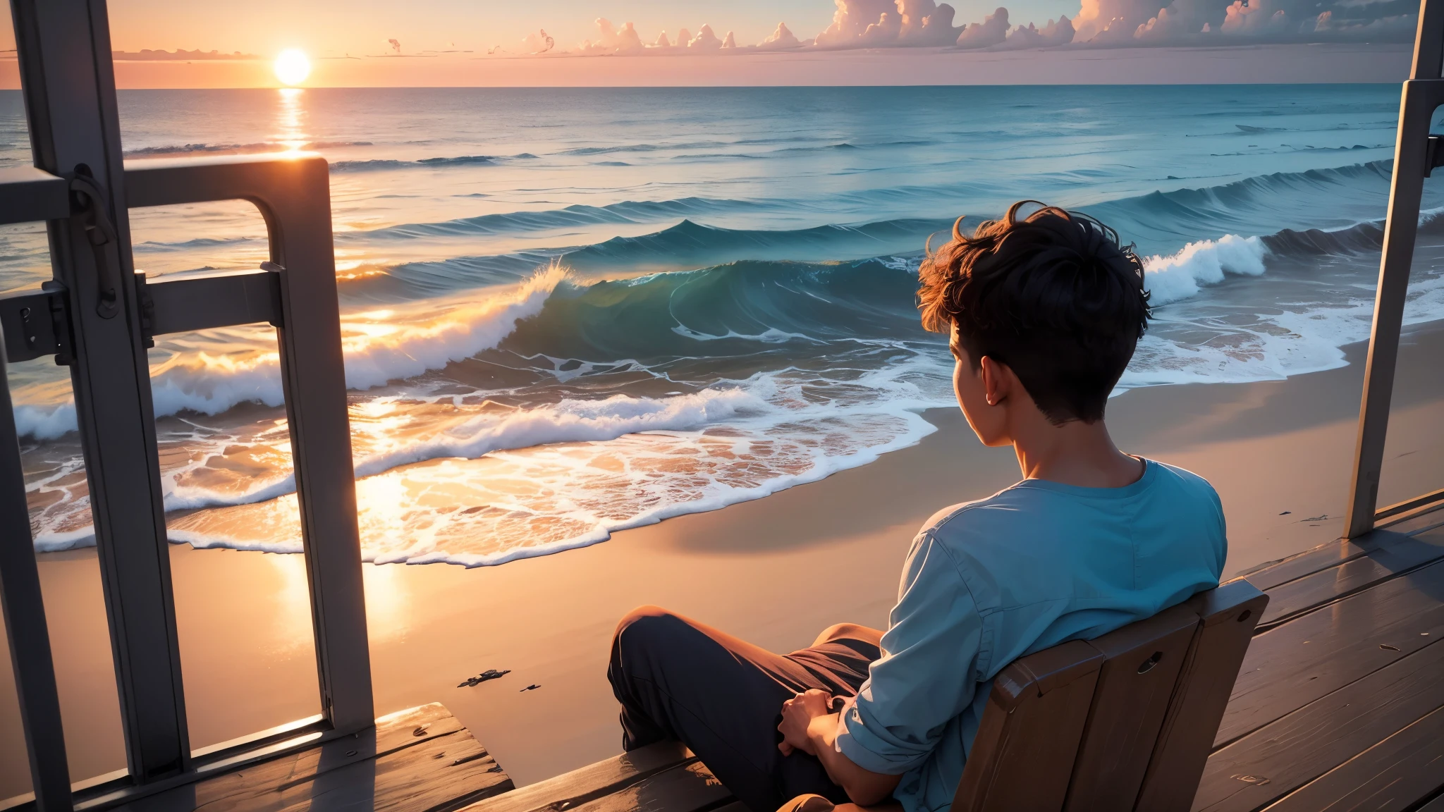 A boy with，the setting sun，Sitting by the sea，Beer bottles --auto