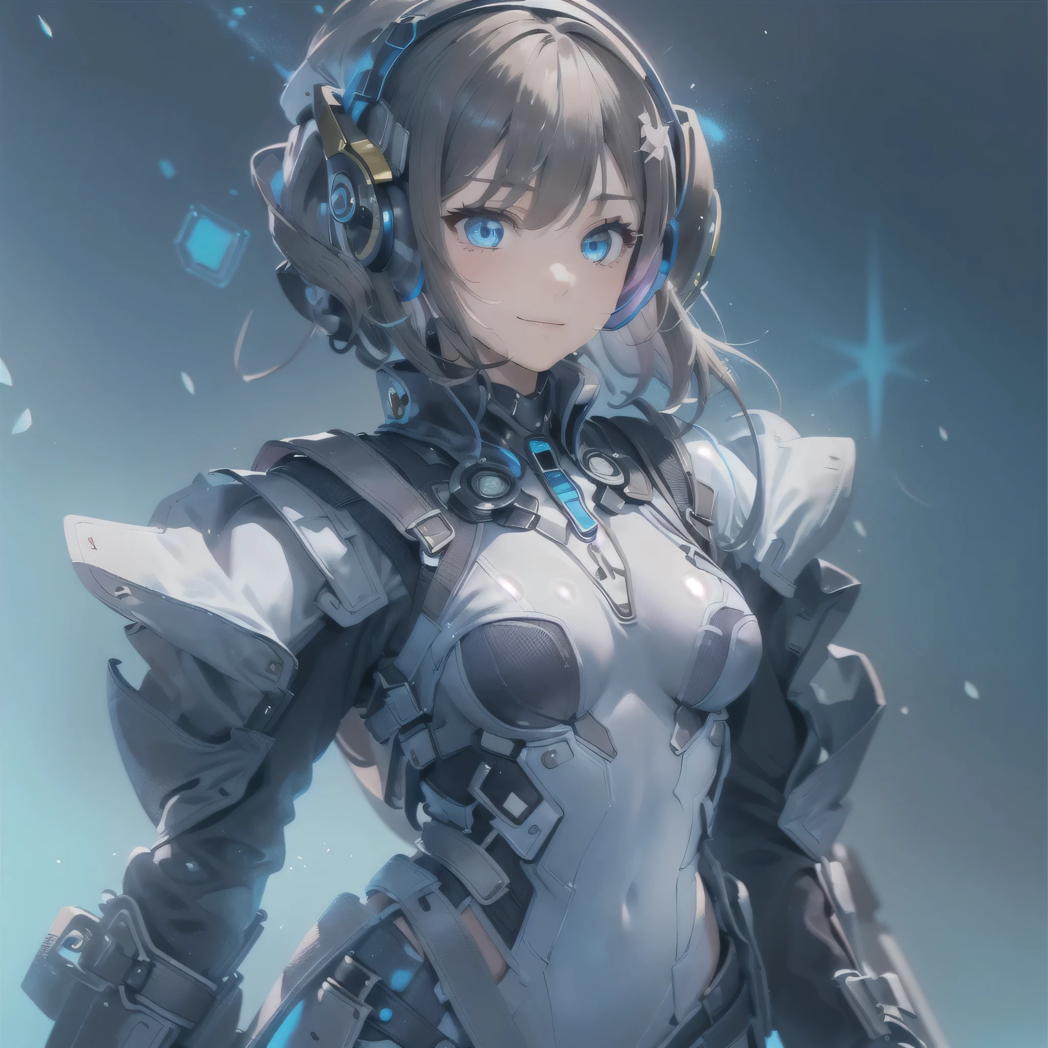(masterpiece、highest quality、Highest Resolution、Clear_image、Detailed details、Angle from above): (Whole body、One 20 year old girl、Japanese Faces、Small Face、Slender、Navy blue super short bob cut hair、(Hidden small breasts:1.3)、Sparkling blue eyes、Shiny pilot suit in blue and black colors、Chest protection armor、Tight fitting clothes、Clothing that covers the whole body、Glamorous clothes、Tight Fit Pants、Hide your skin、Very delicate and beautiful、Detailed Skin、hide thighs、Hide your ass、Cute、A gentle smile、Soft expression、heroine、headset、Knee-high boots、Elbow-length gloves、Eye Level Shot、Face directly、Woman on a spaceship)
